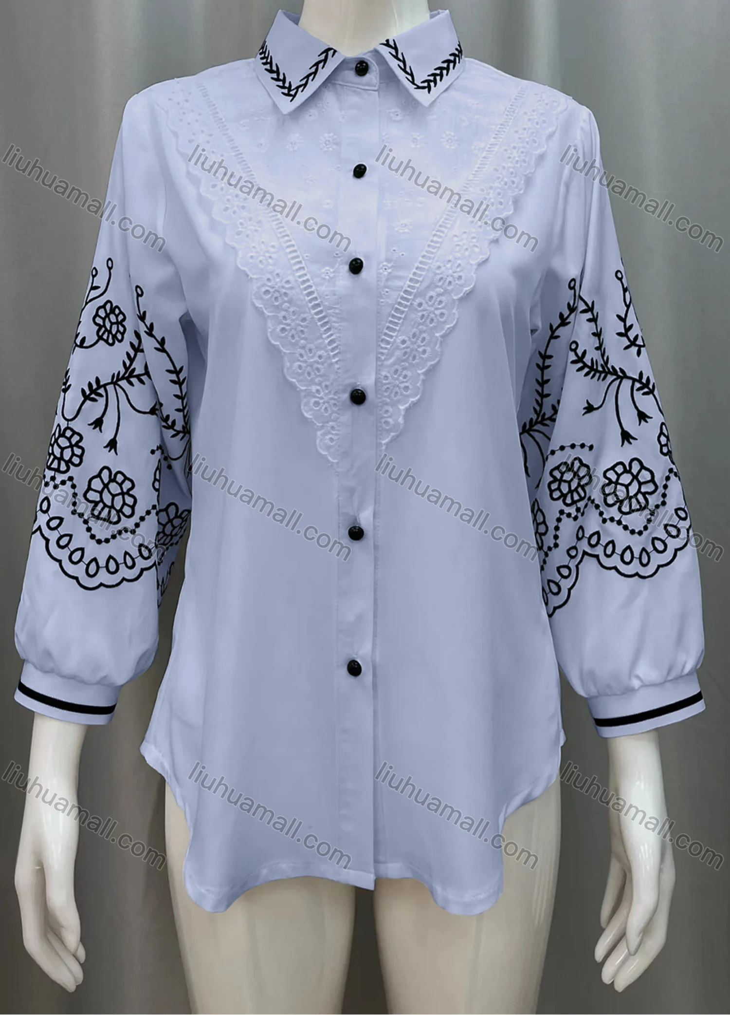 Wholesale Women's Vintage Lantern Sleeve Lace Trim Button Down Shirts - Liuhuamall