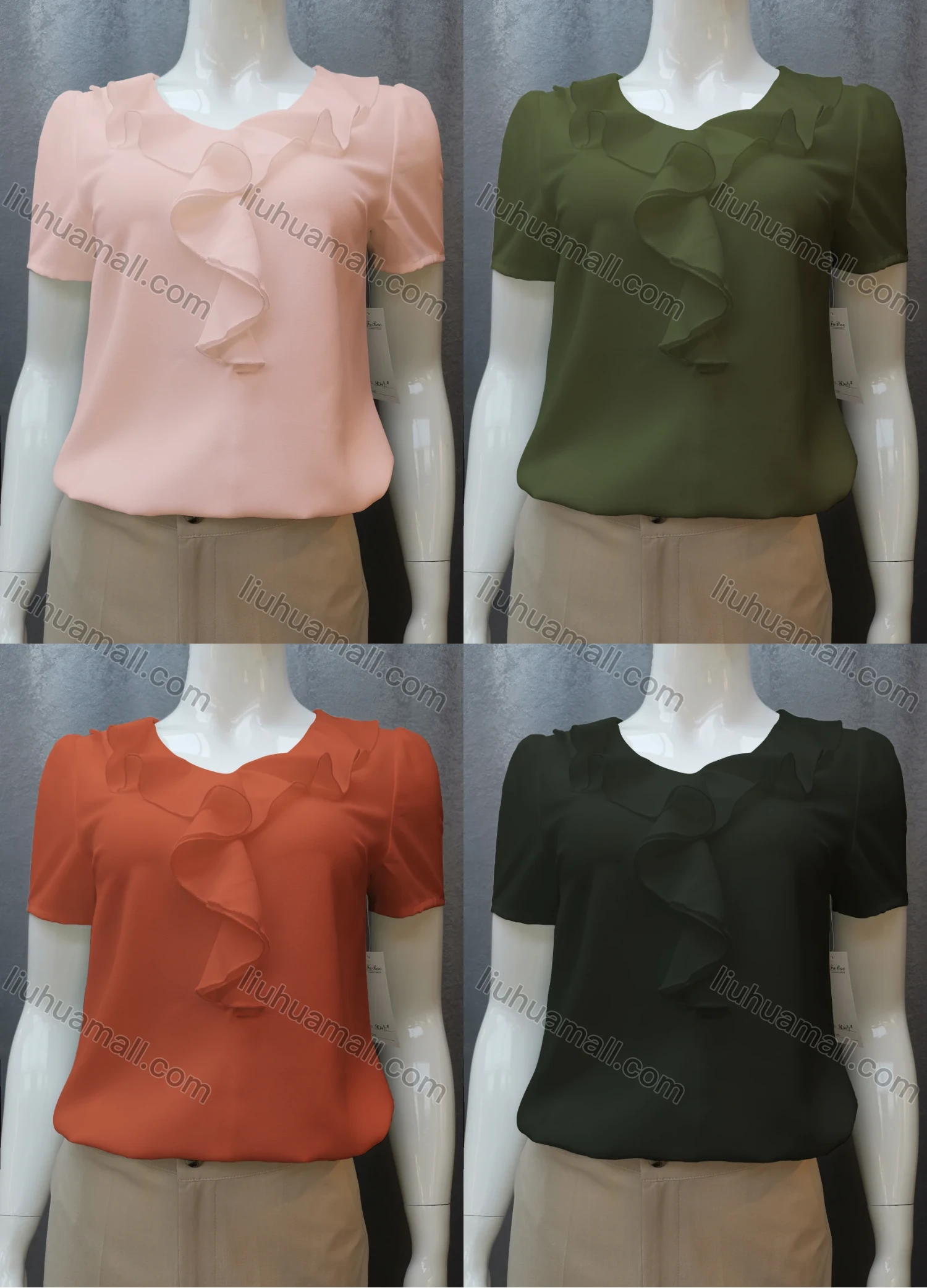 Wholesale Women's Casual Short Sleeve Round Neck Ruffle Trim Plain Tops FR2091# - Liuhuamall