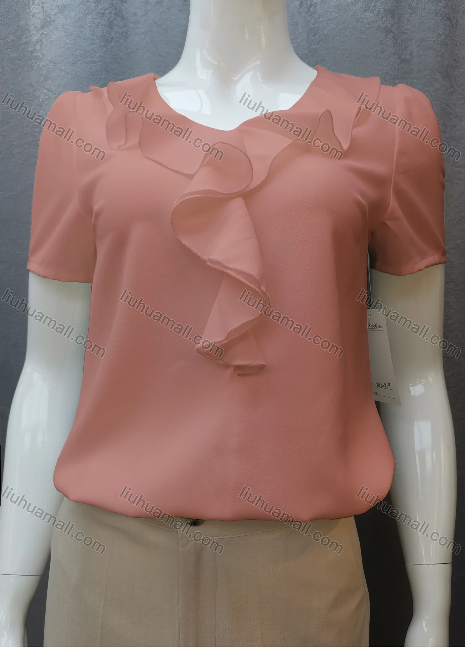 Wholesale Women's Casual Short Sleeve Round Neck Ruffle Trim Plain Tops FR2091# - Liuhuamall