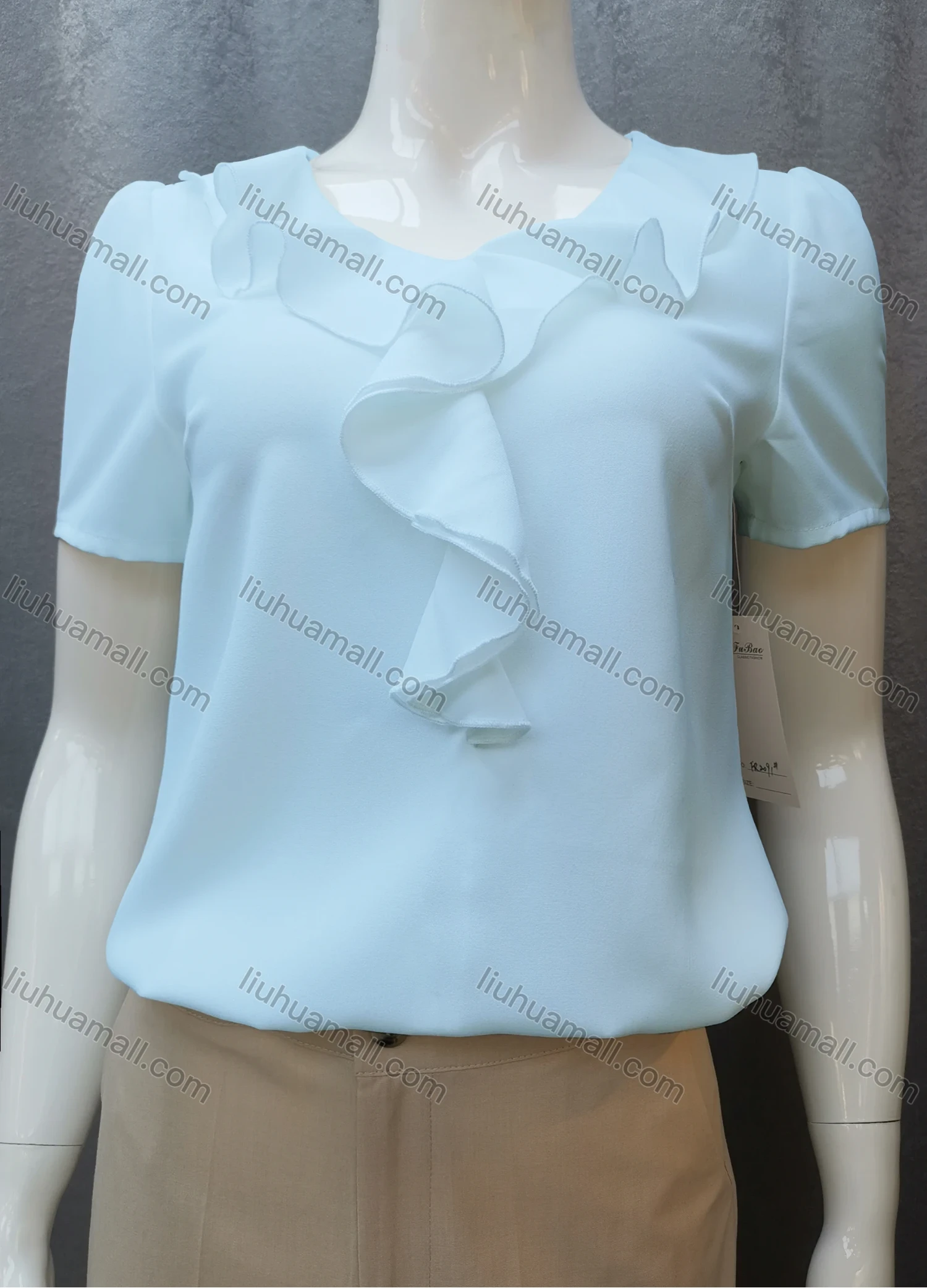 Wholesale Women's Casual Short Sleeve Round Neck Ruffle Trim Plain Tops FR2091# - Liuhuamall