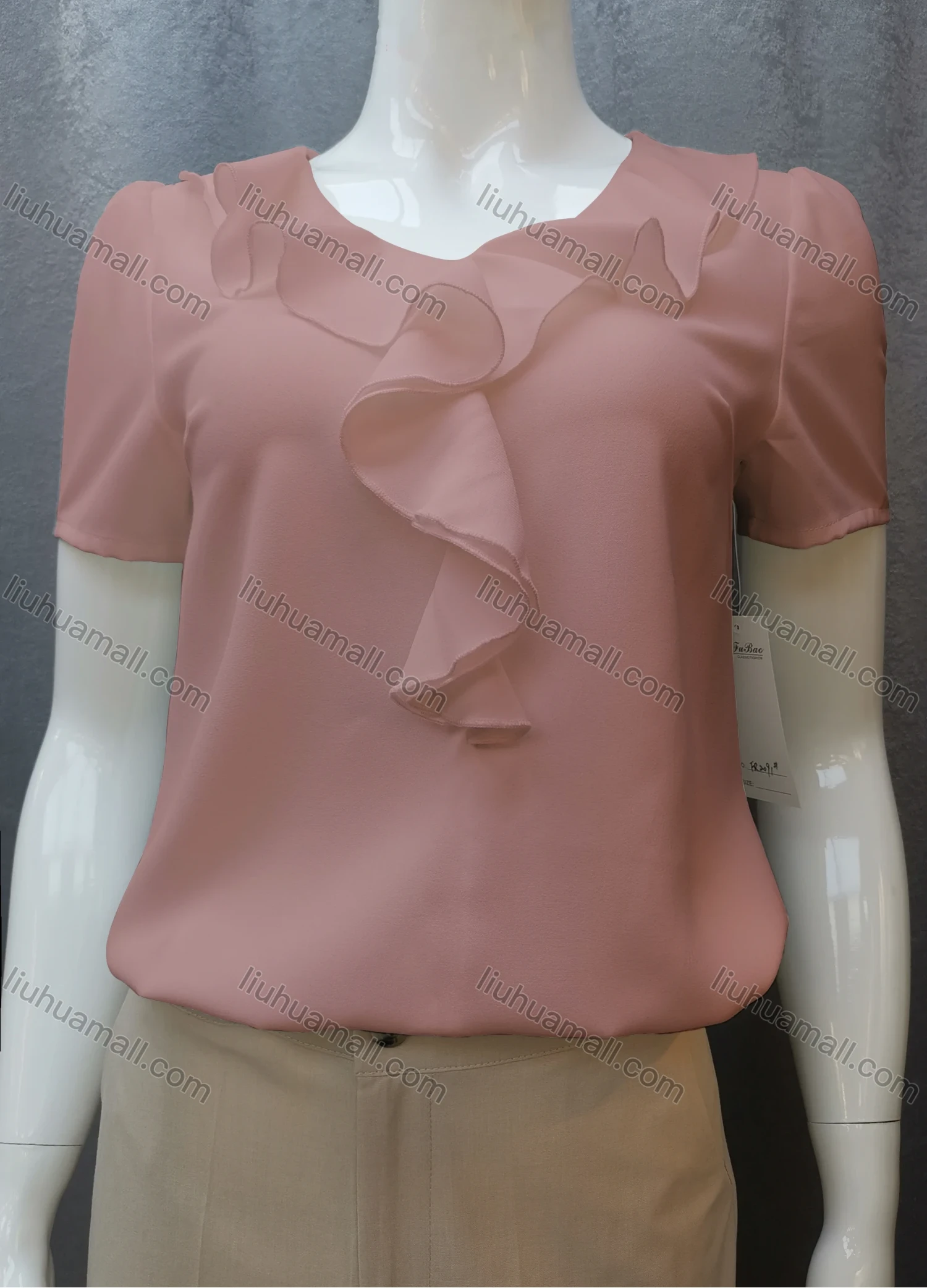 Wholesale Women's Casual Short Sleeve Round Neck Ruffle Trim Plain Tops FR2091# - Liuhuamall