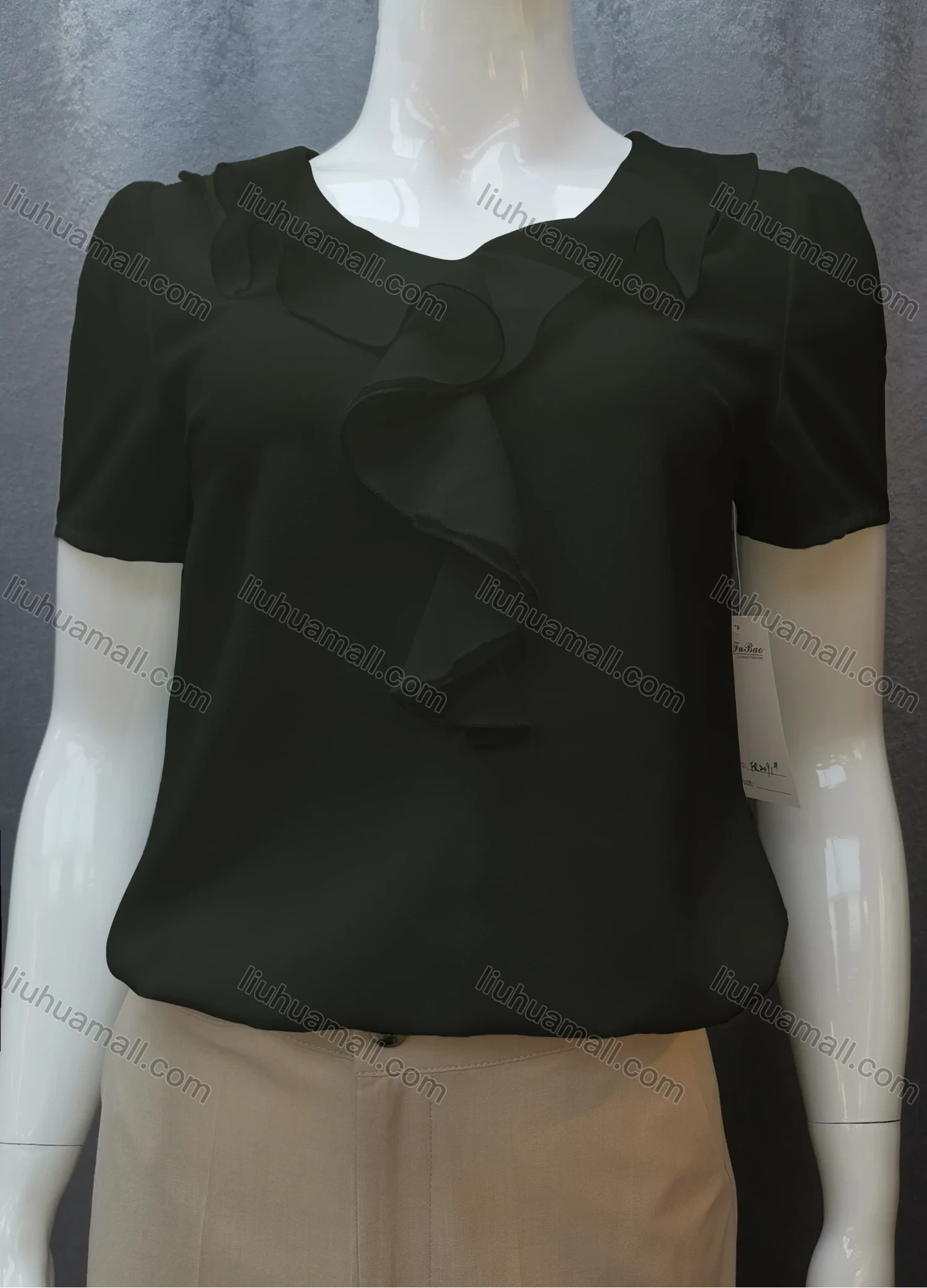 Wholesale Women's Casual Short Sleeve Round Neck Ruffle Trim Plain Tops FR2091# - Liuhuamall