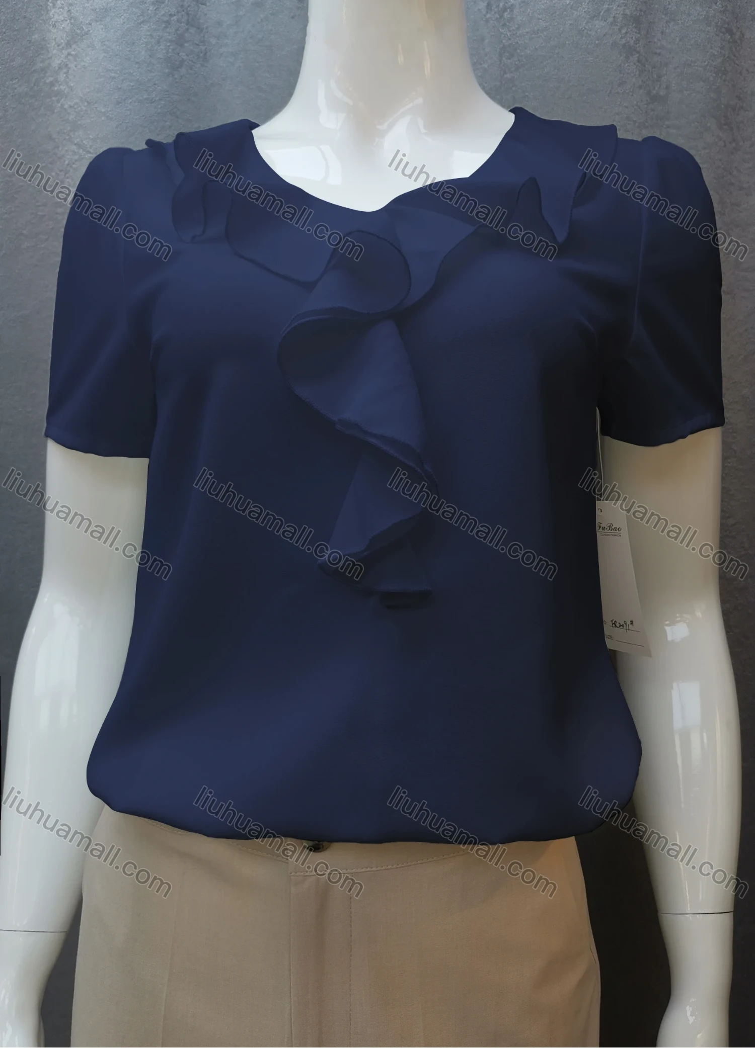 Wholesale Women's Casual Short Sleeve Round Neck Ruffle Trim Plain Tops FR2091# - Liuhuamall