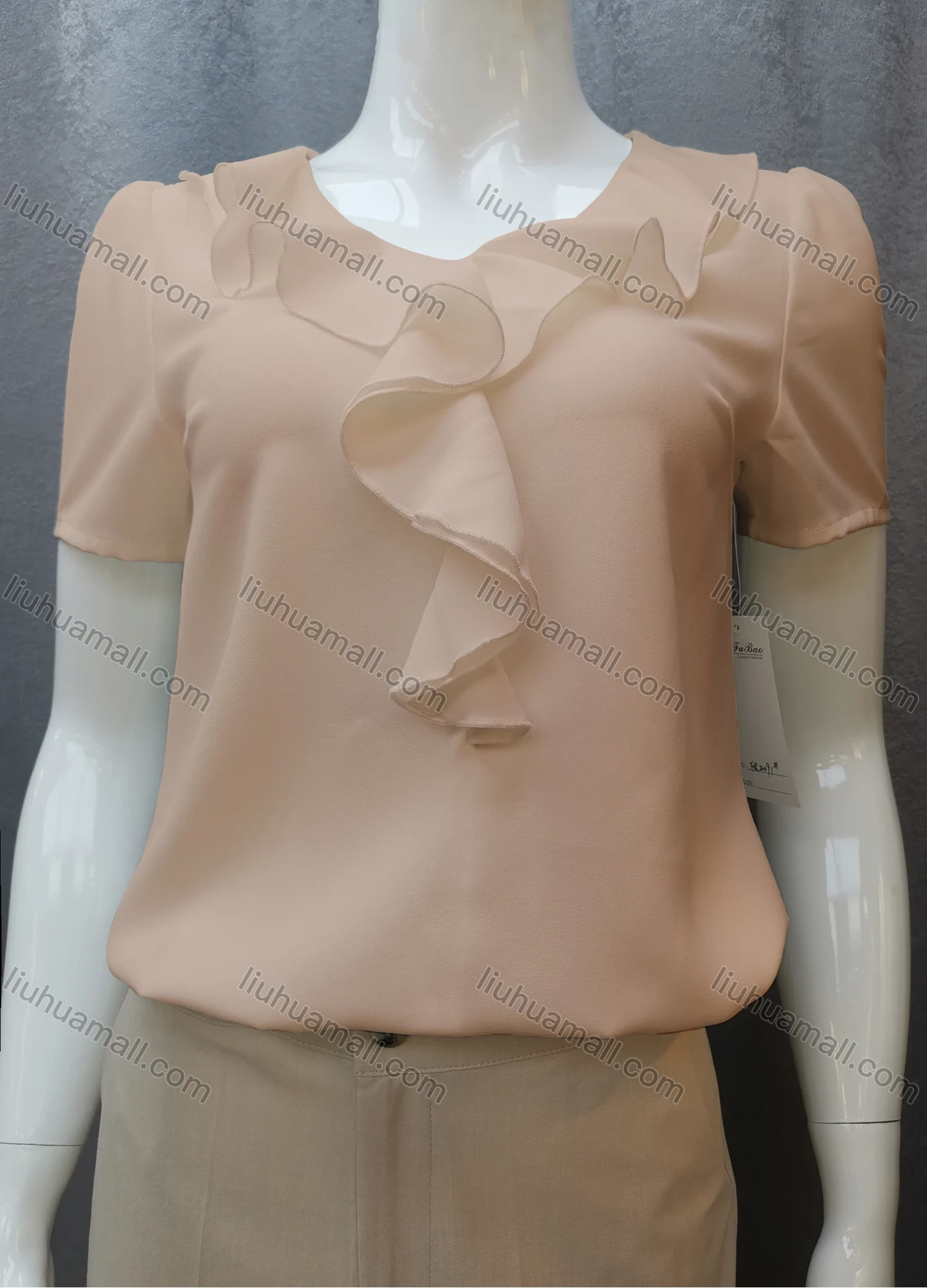 Wholesale Women's Casual Short Sleeve Round Neck Ruffle Trim Plain Tops FR2091# - Liuhuamall