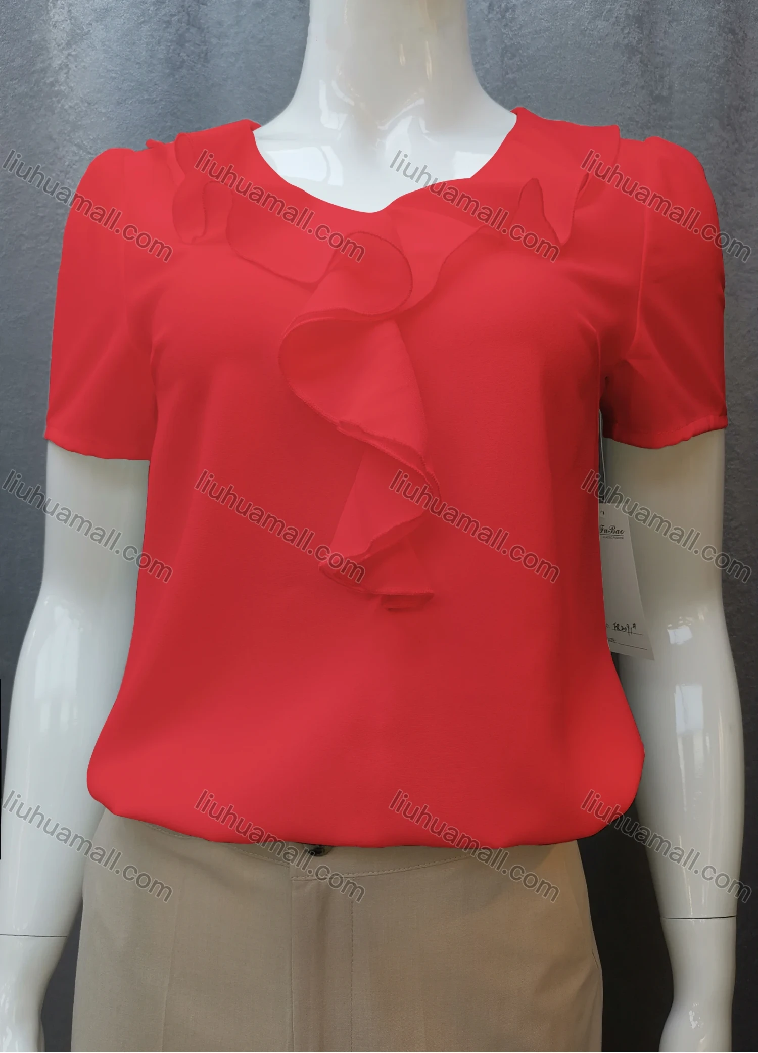 Wholesale Women's Casual Short Sleeve Round Neck Ruffle Trim Plain Tops FR2091# - Liuhuamall