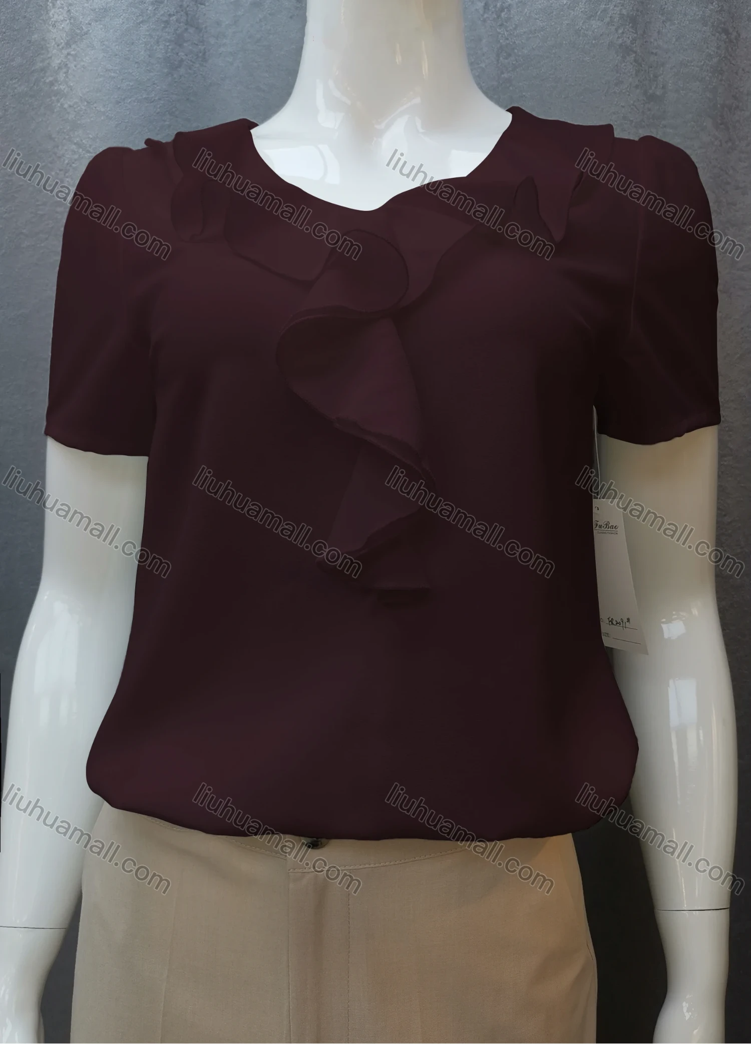 Wholesale Women's Casual Short Sleeve Round Neck Ruffle Trim Plain Tops FR2091# - Liuhuamall