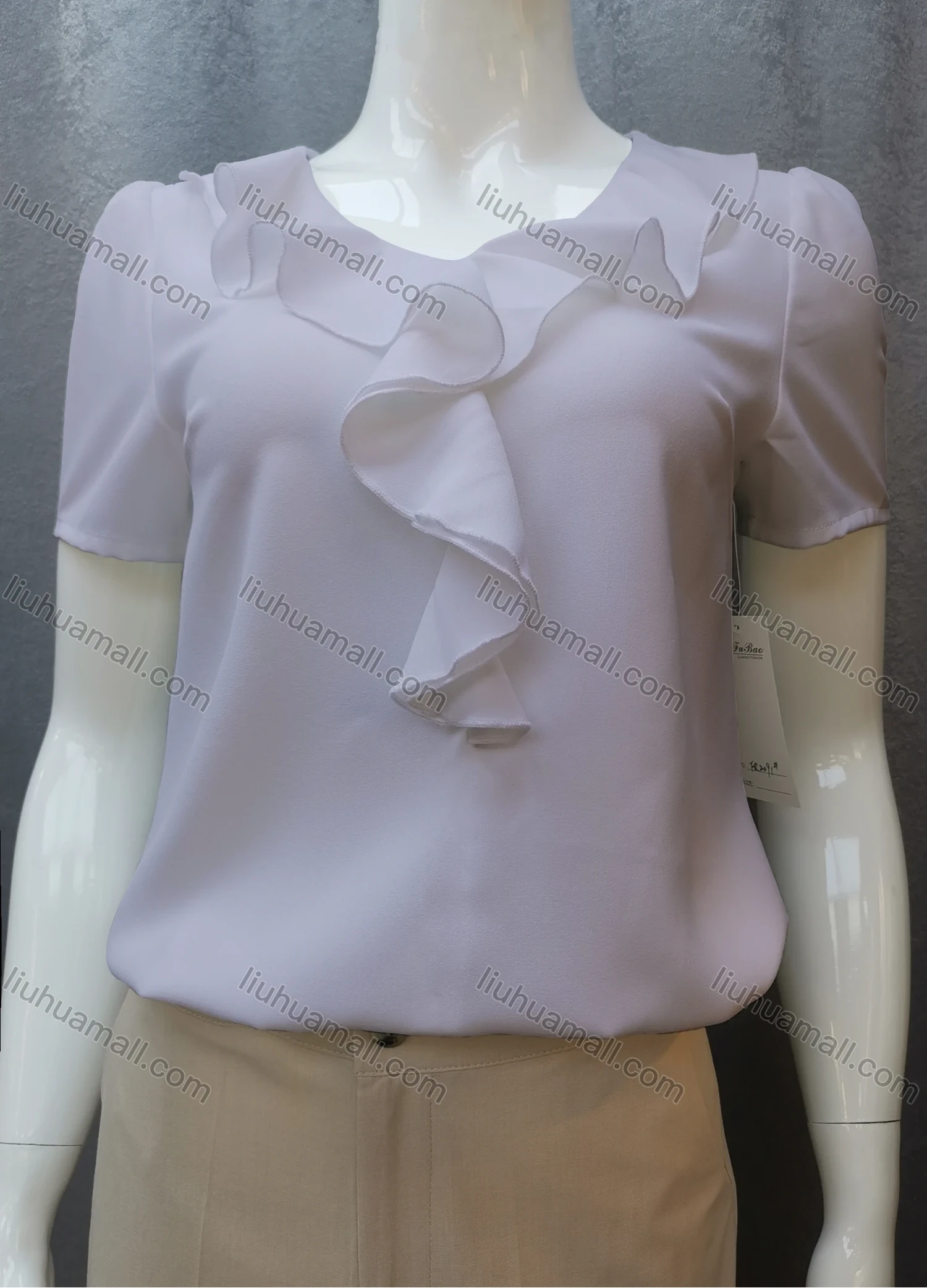 Wholesale Women's Casual Short Sleeve Round Neck Ruffle Trim Plain Tops FR2091# - Liuhuamall