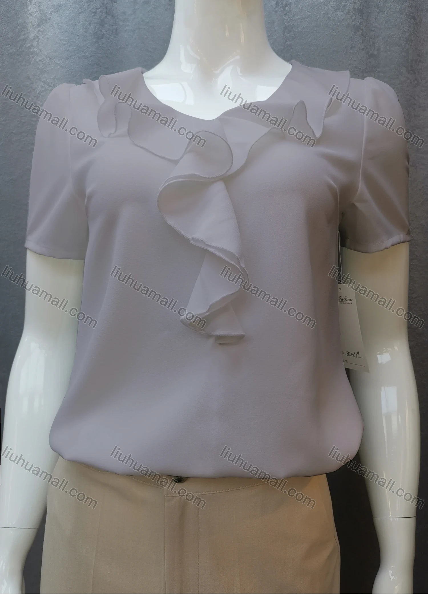 Wholesale Women's Casual Short Sleeve Round Neck Ruffle Trim Plain Tops FR2091# - Liuhuamall