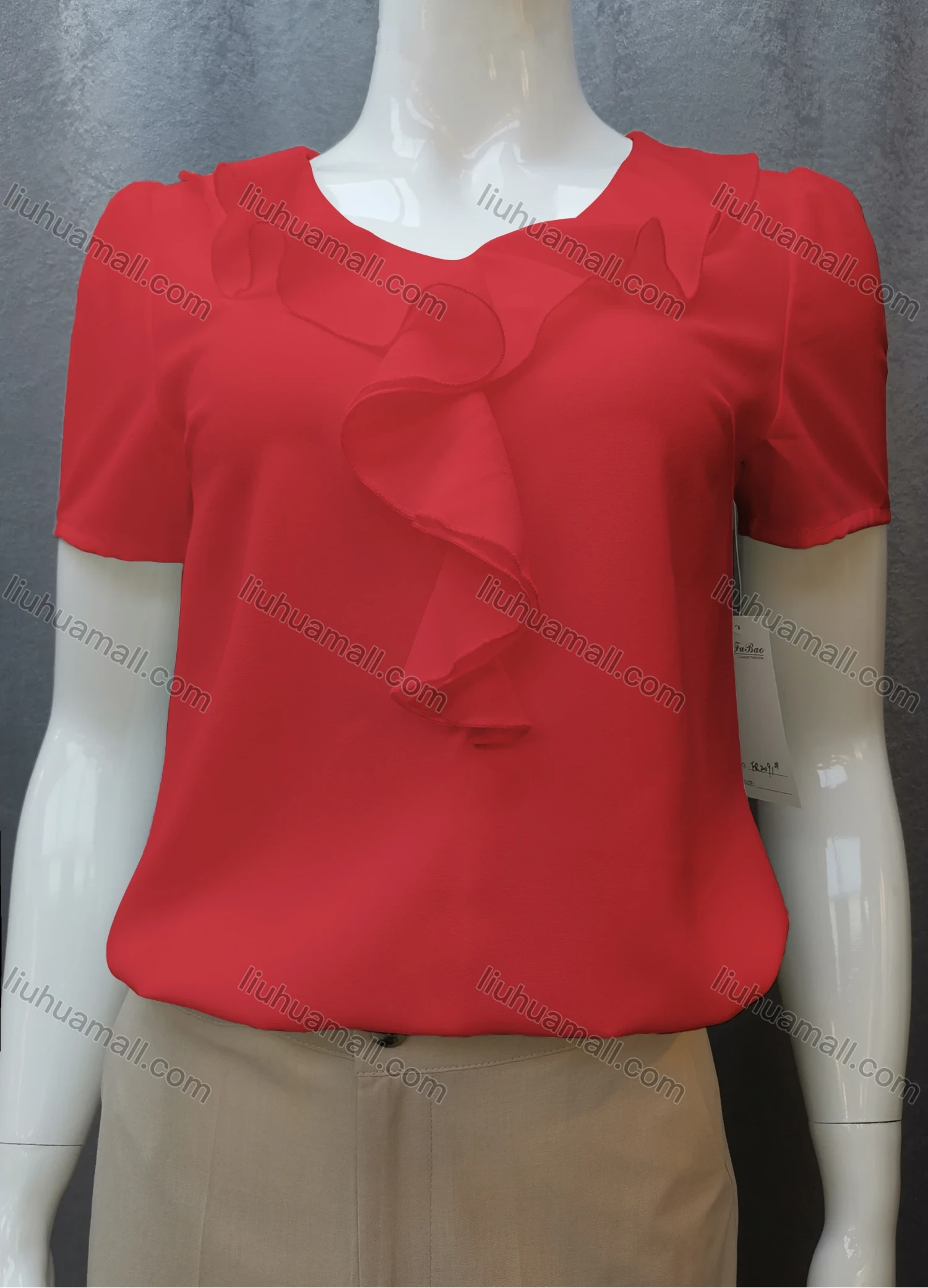 Wholesale Women's Casual Short Sleeve Round Neck Ruffle Trim Plain Tops FR2091# - Liuhuamall