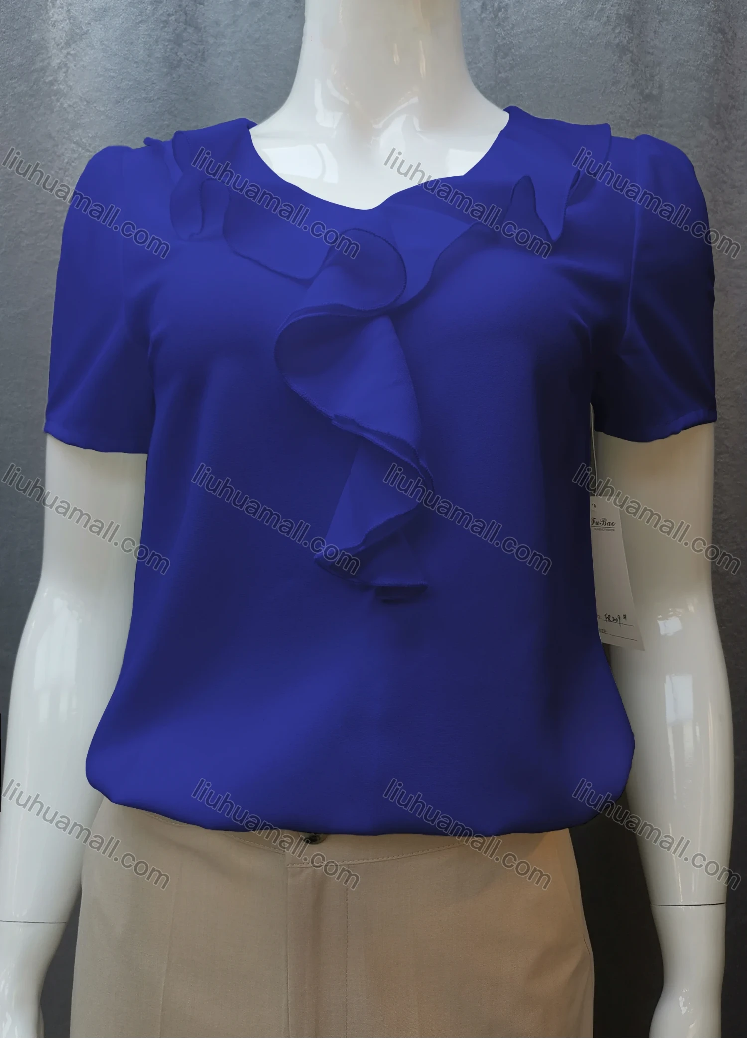 Wholesale Women's Casual Short Sleeve Round Neck Ruffle Trim Plain Tops FR2091# - Liuhuamall