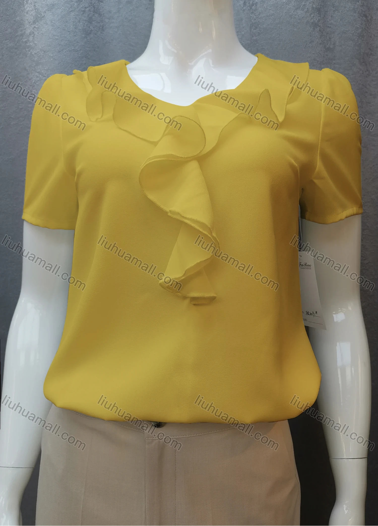 Wholesale Women's Casual Short Sleeve Round Neck Ruffle Trim Plain Tops FR2091# - Liuhuamall