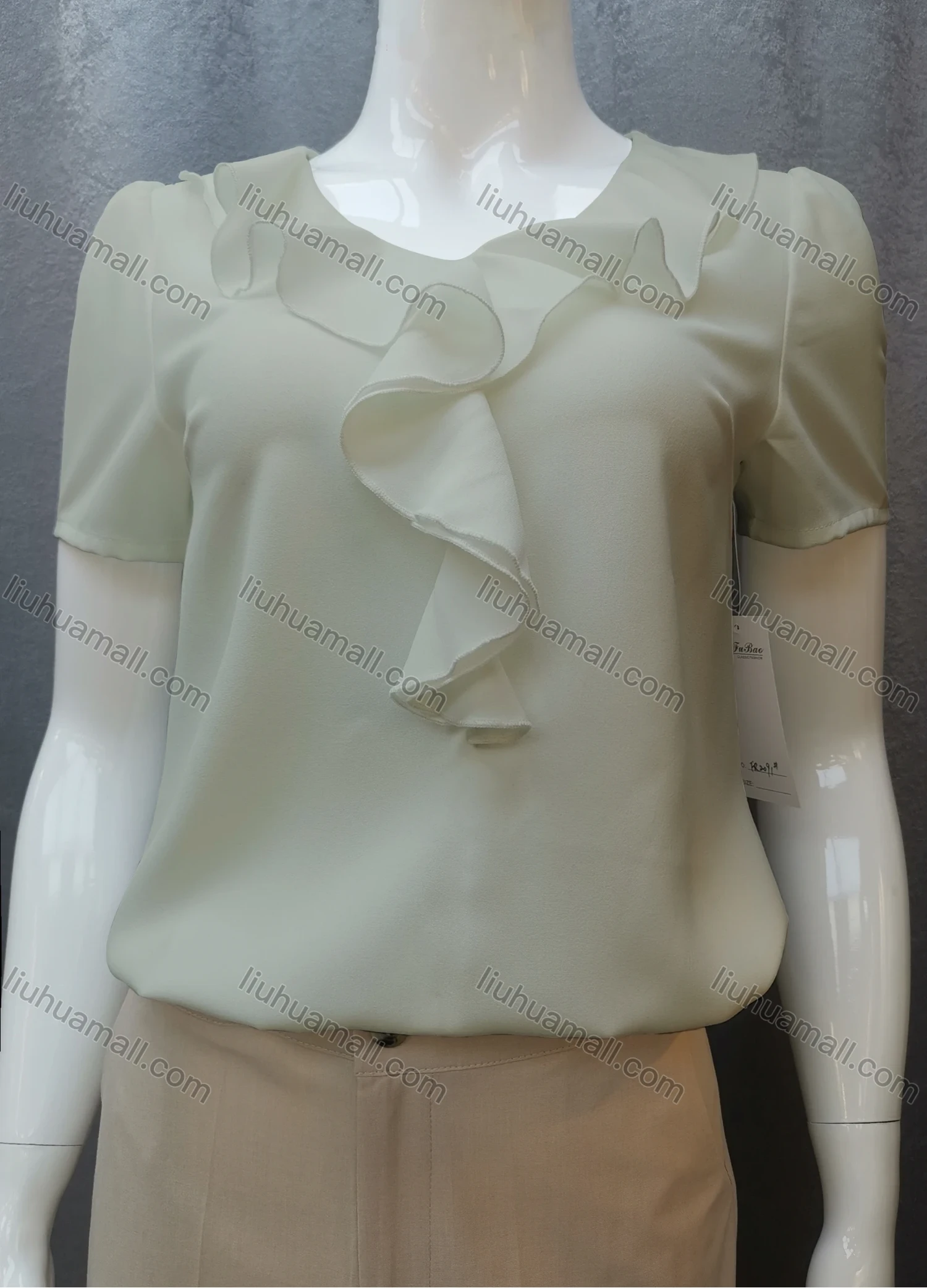 Wholesale Women's Casual Short Sleeve Round Neck Ruffle Trim Plain Tops FR2091# - Liuhuamall