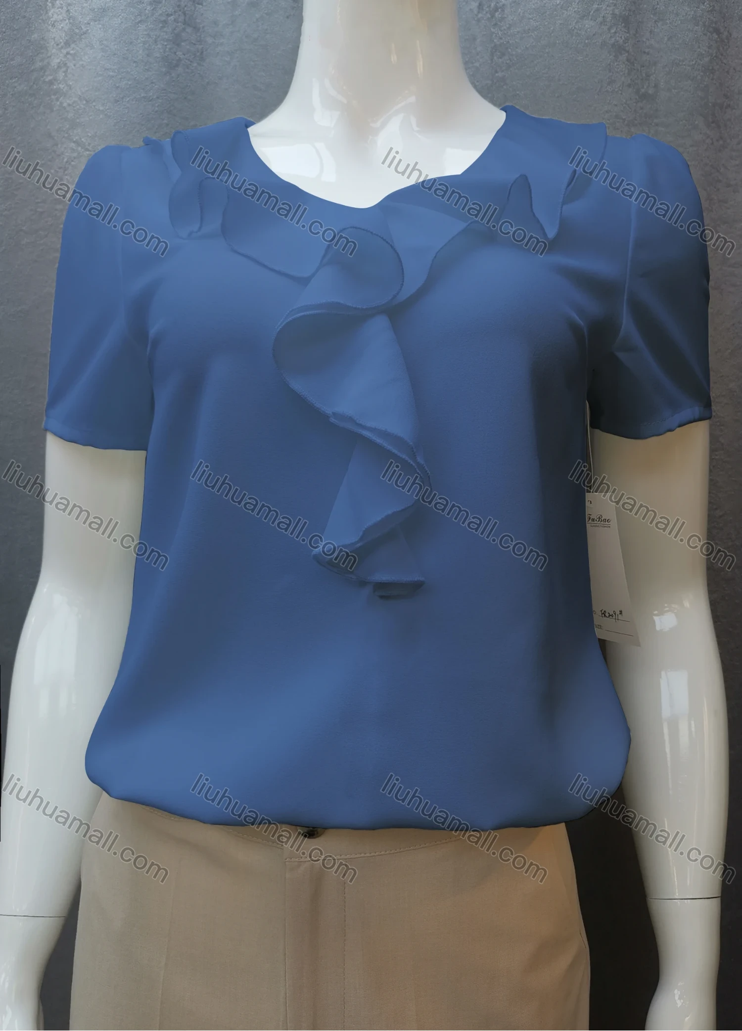 Wholesale Women's Casual Short Sleeve Round Neck Ruffle Trim Plain Tops FR2091# - Liuhuamall