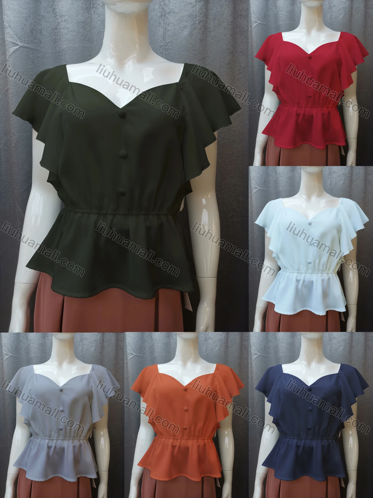 Wholesale Women's Casual Sweetheart Neck Butterfly Sleeve Button Peplum Tops FR2105# - Liuhuamall