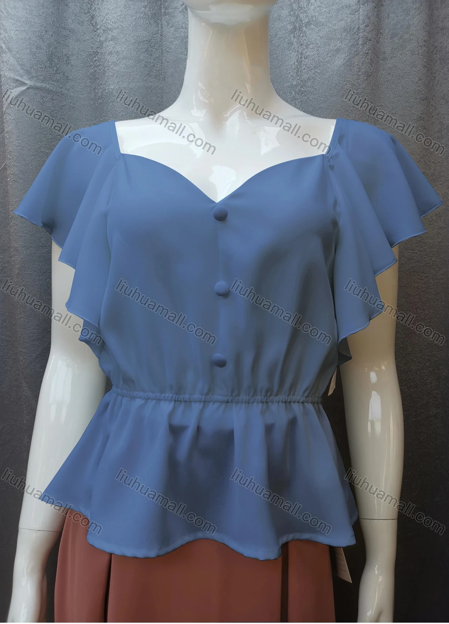 Wholesale Women's Casual Sweetheart Neck Butterfly Sleeve Button Peplum Tops FR2105# - Liuhuamall