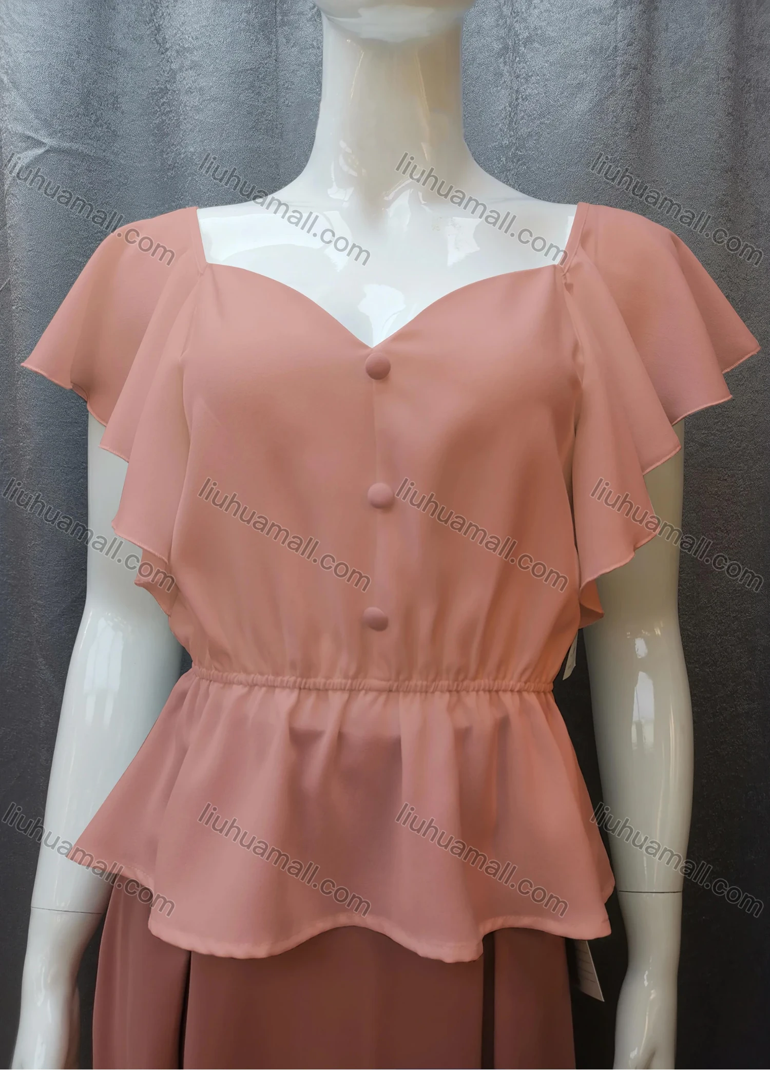 Wholesale Women's Casual Sweetheart Neck Butterfly Sleeve Button Peplum Tops FR2105# - Liuhuamall