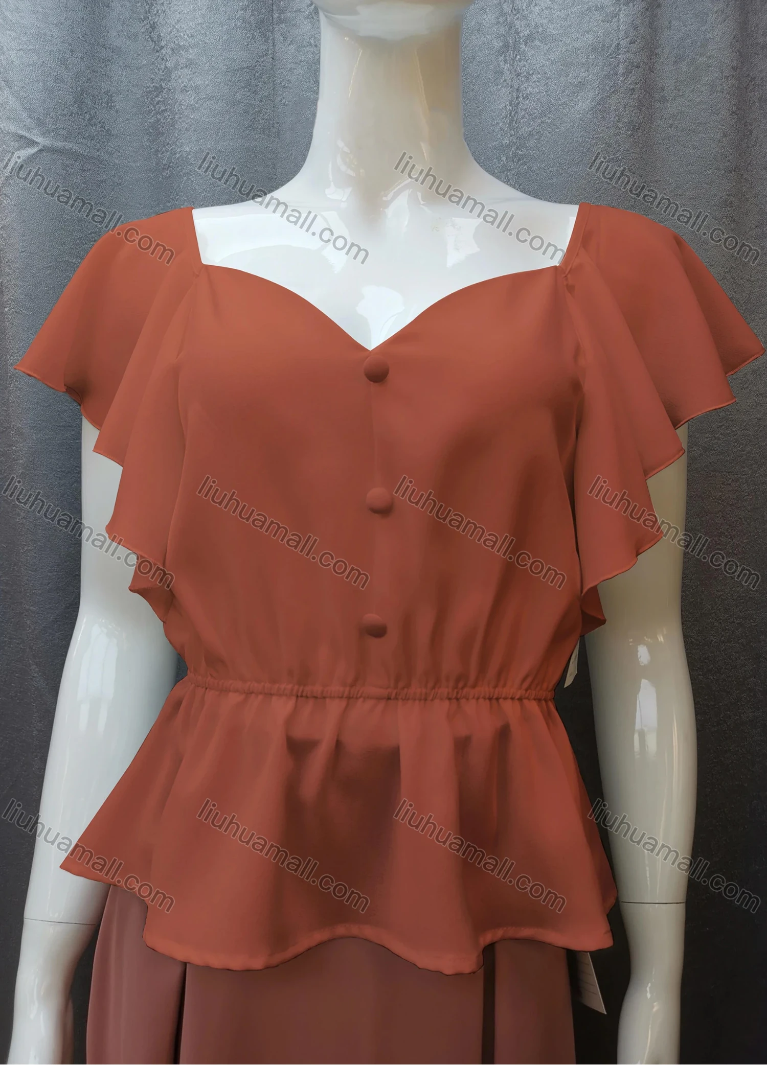Wholesale Women's Casual Sweetheart Neck Butterfly Sleeve Button Peplum Tops FR2105# - Liuhuamall