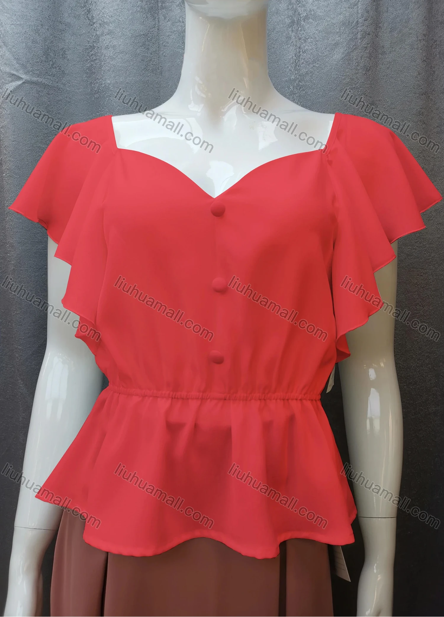 Wholesale Women's Casual Sweetheart Neck Butterfly Sleeve Button Peplum Tops FR2105# - Liuhuamall