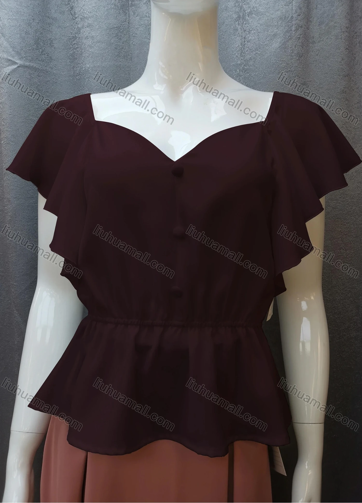 Wholesale Women's Casual Sweetheart Neck Butterfly Sleeve Button Peplum Tops FR2105# - Liuhuamall