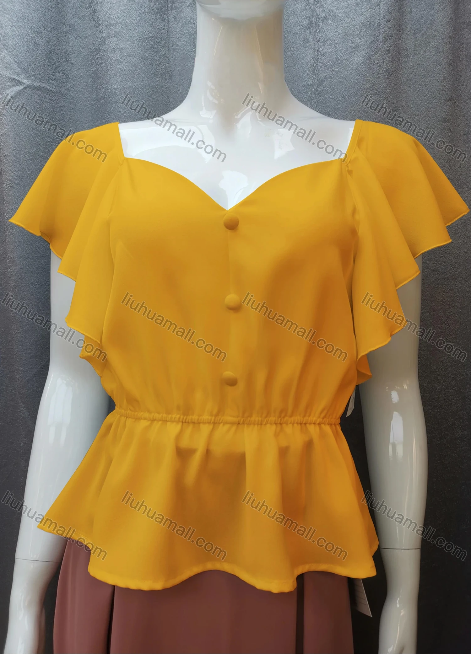 Wholesale Women's Casual Sweetheart Neck Butterfly Sleeve Button Peplum Tops FR2105# - Liuhuamall