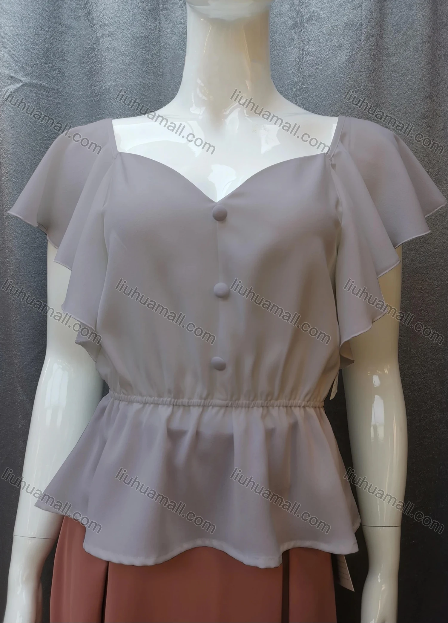 Wholesale Women's Casual Sweetheart Neck Butterfly Sleeve Button Peplum Tops FR2105# - Liuhuamall