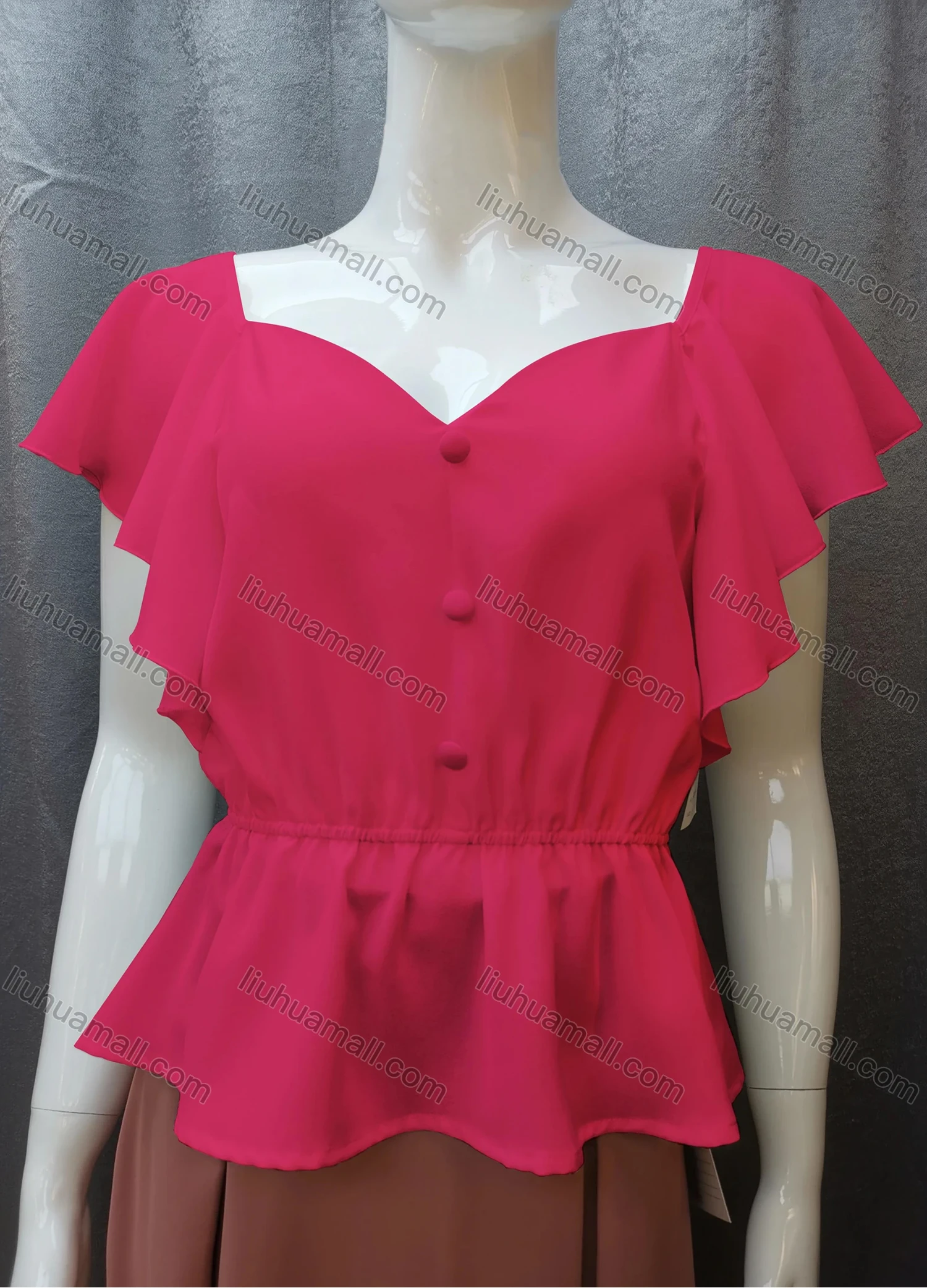 Wholesale Women's Casual Sweetheart Neck Butterfly Sleeve Button Peplum Tops FR2105# - Liuhuamall