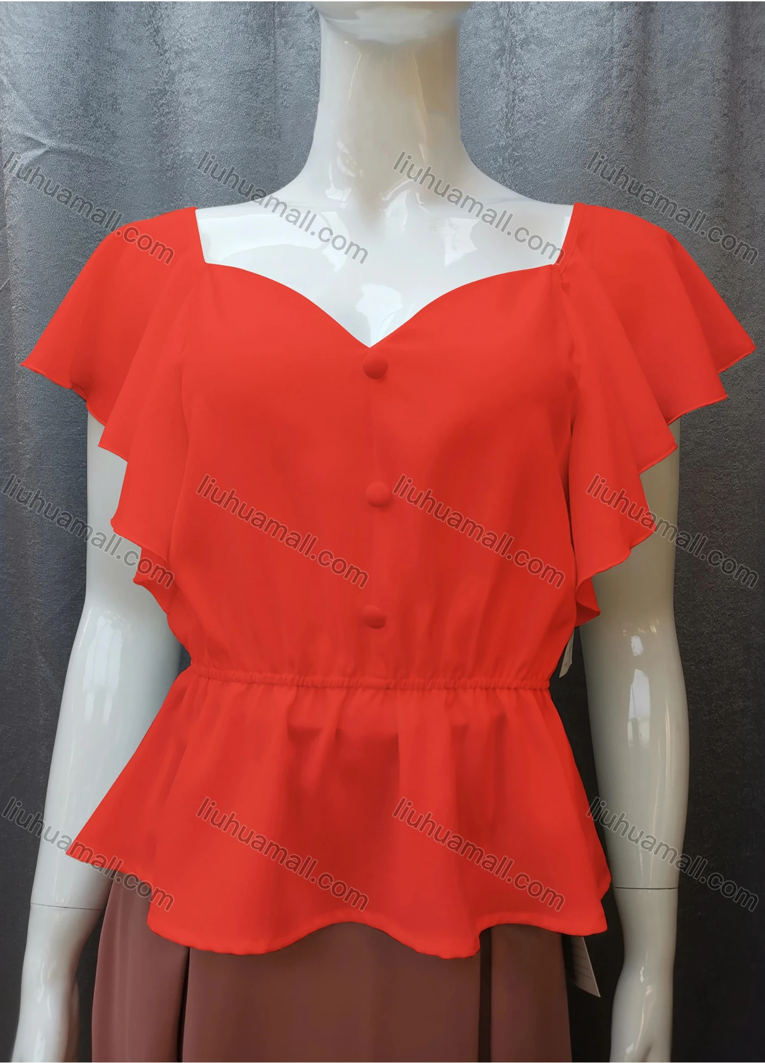 Wholesale Women's Casual Sweetheart Neck Butterfly Sleeve Button Peplum Tops FR2105# - Liuhuamall