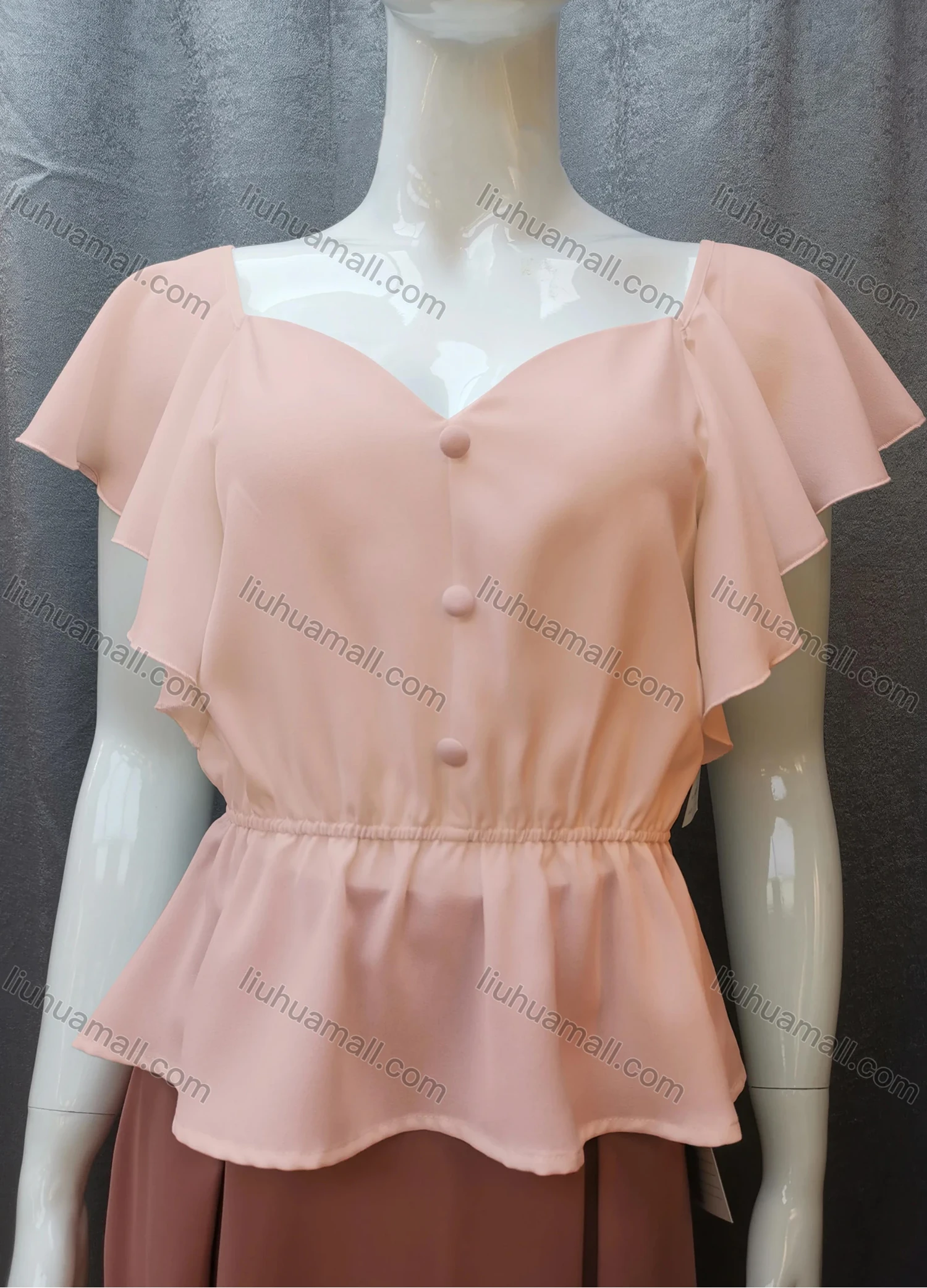 Wholesale Women's Casual Sweetheart Neck Butterfly Sleeve Button Peplum Tops FR2105# - Liuhuamall