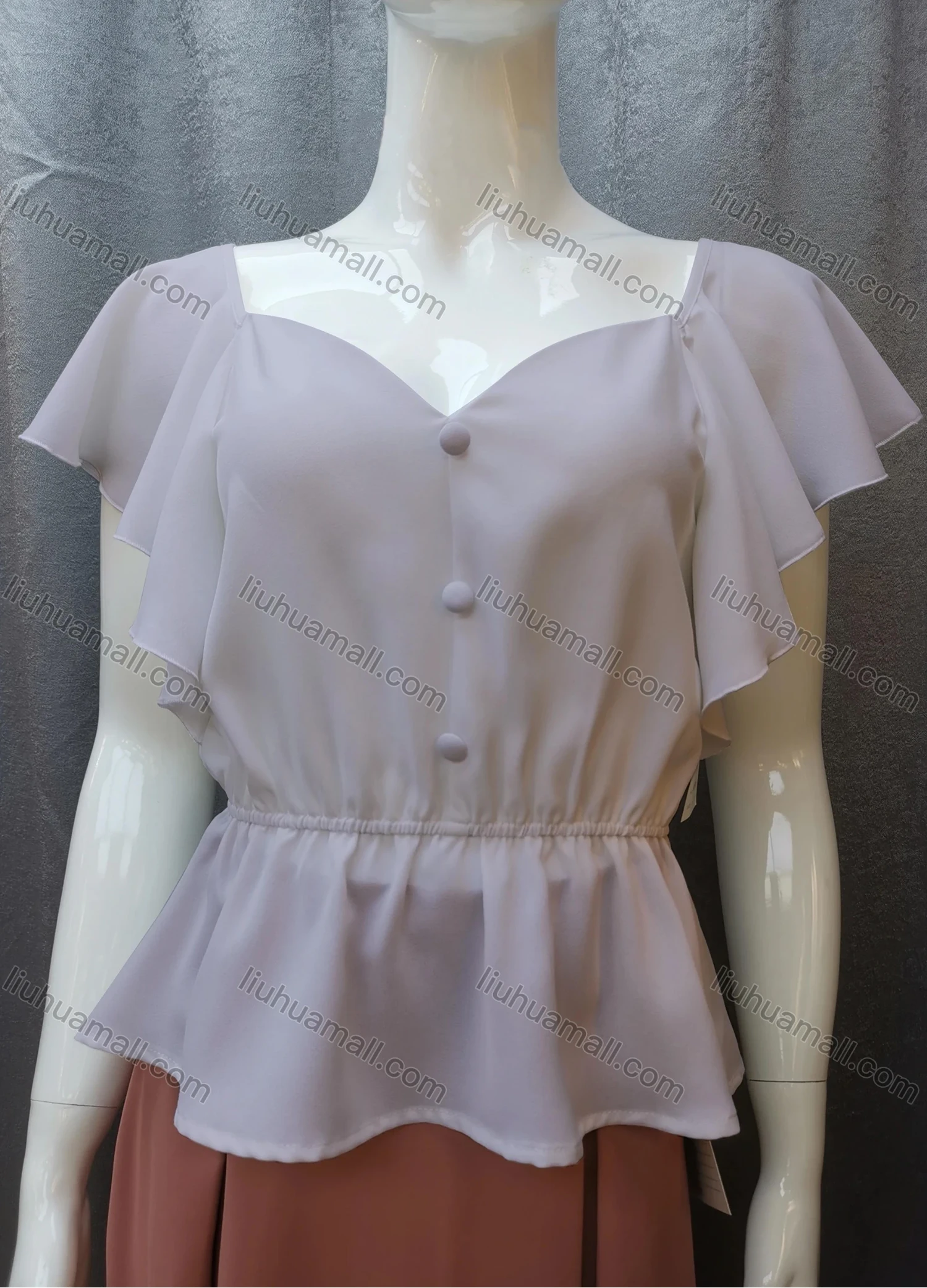 Wholesale Women's Casual Sweetheart Neck Butterfly Sleeve Button Peplum Tops FR2105# - Liuhuamall