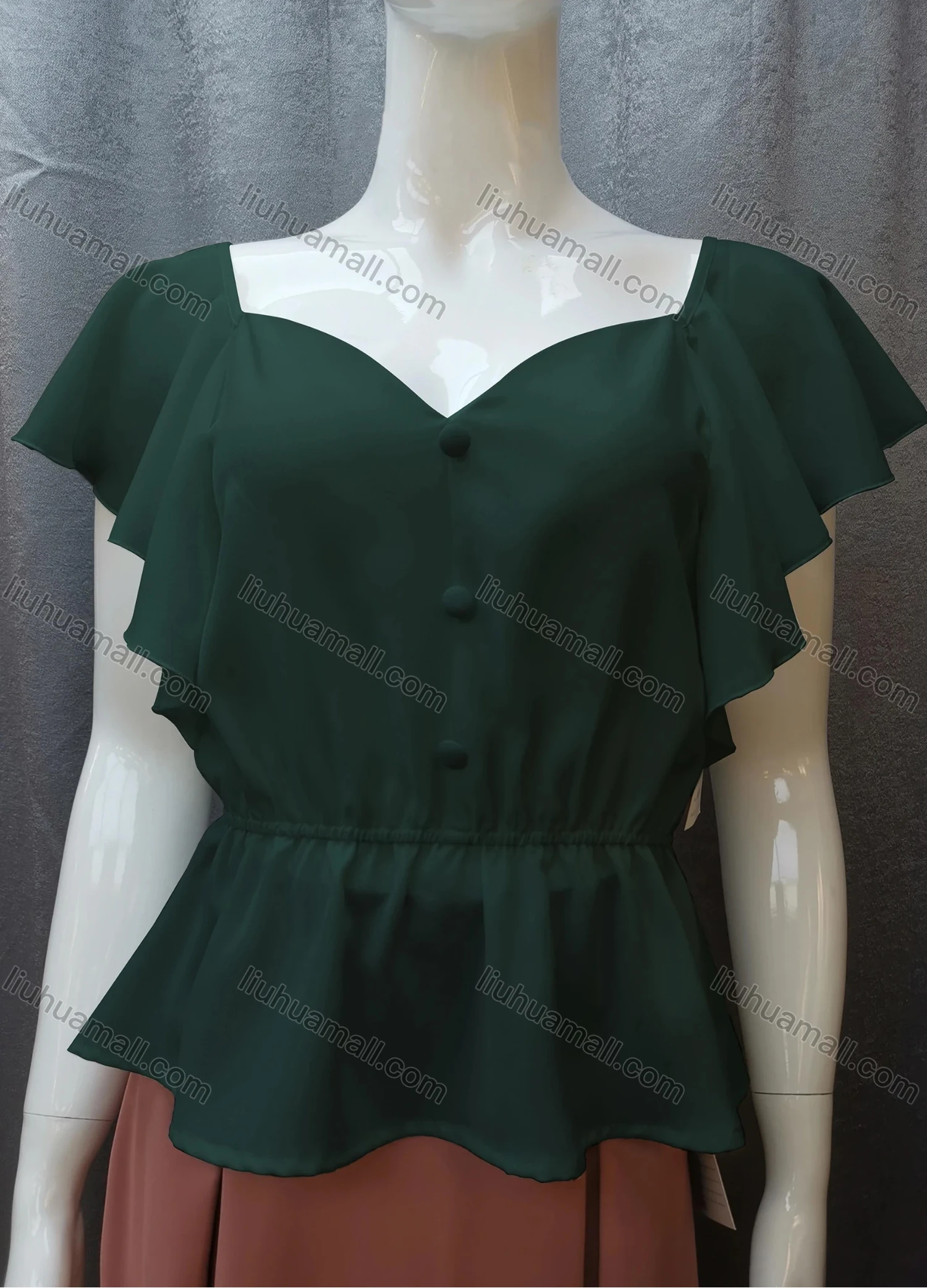 Wholesale Women's Casual Sweetheart Neck Butterfly Sleeve Button Peplum Tops FR2105# - Liuhuamall