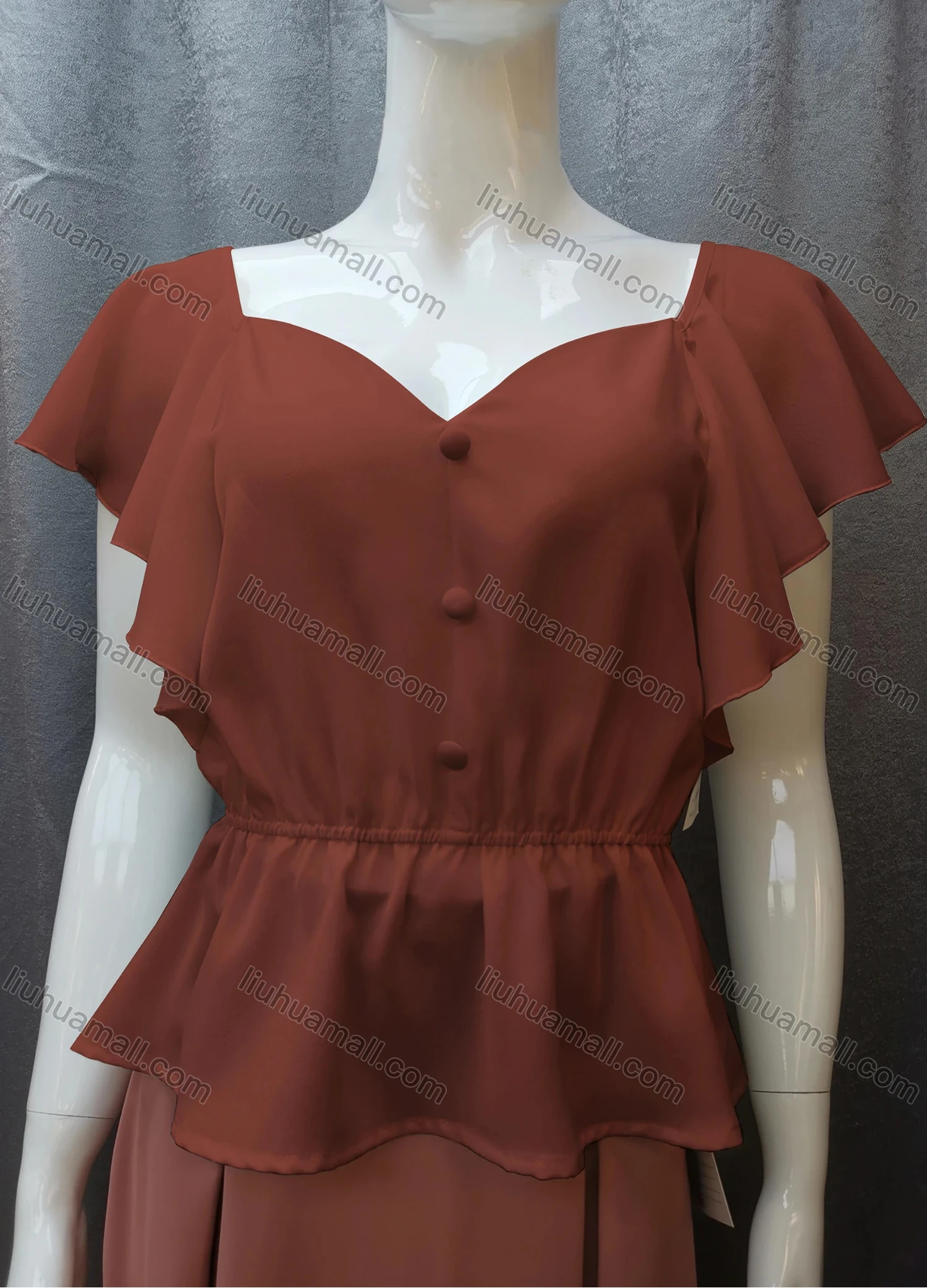 Wholesale Women's Casual Sweetheart Neck Butterfly Sleeve Button Peplum Tops FR2105# - Liuhuamall