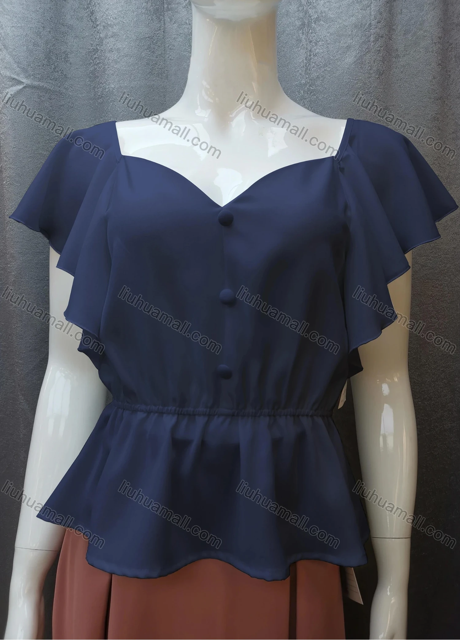 Wholesale Women's Casual Sweetheart Neck Butterfly Sleeve Button Peplum Tops FR2105# - Liuhuamall