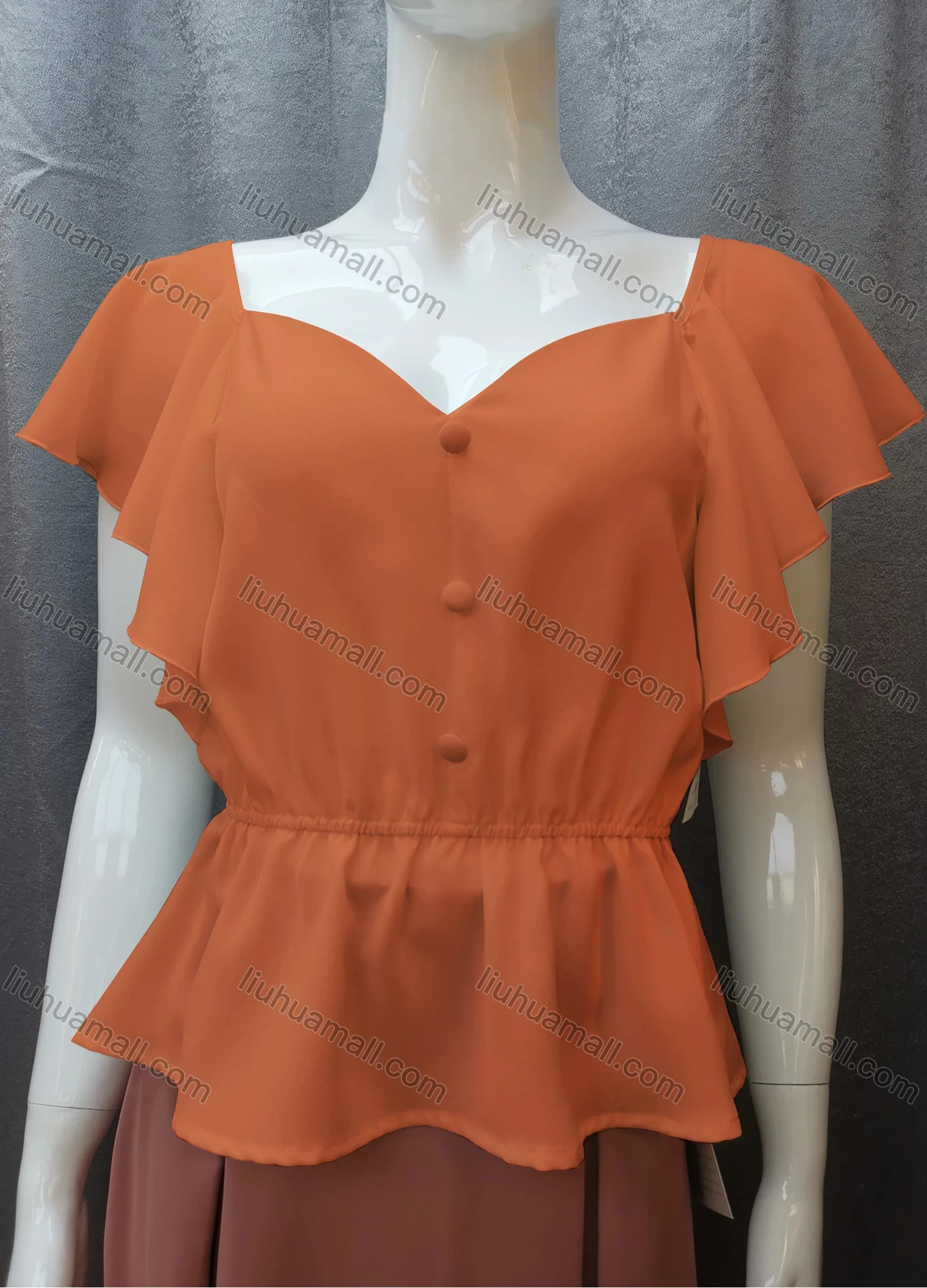 Wholesale Women's Casual Sweetheart Neck Butterfly Sleeve Button Peplum Tops FR2105# - Liuhuamall