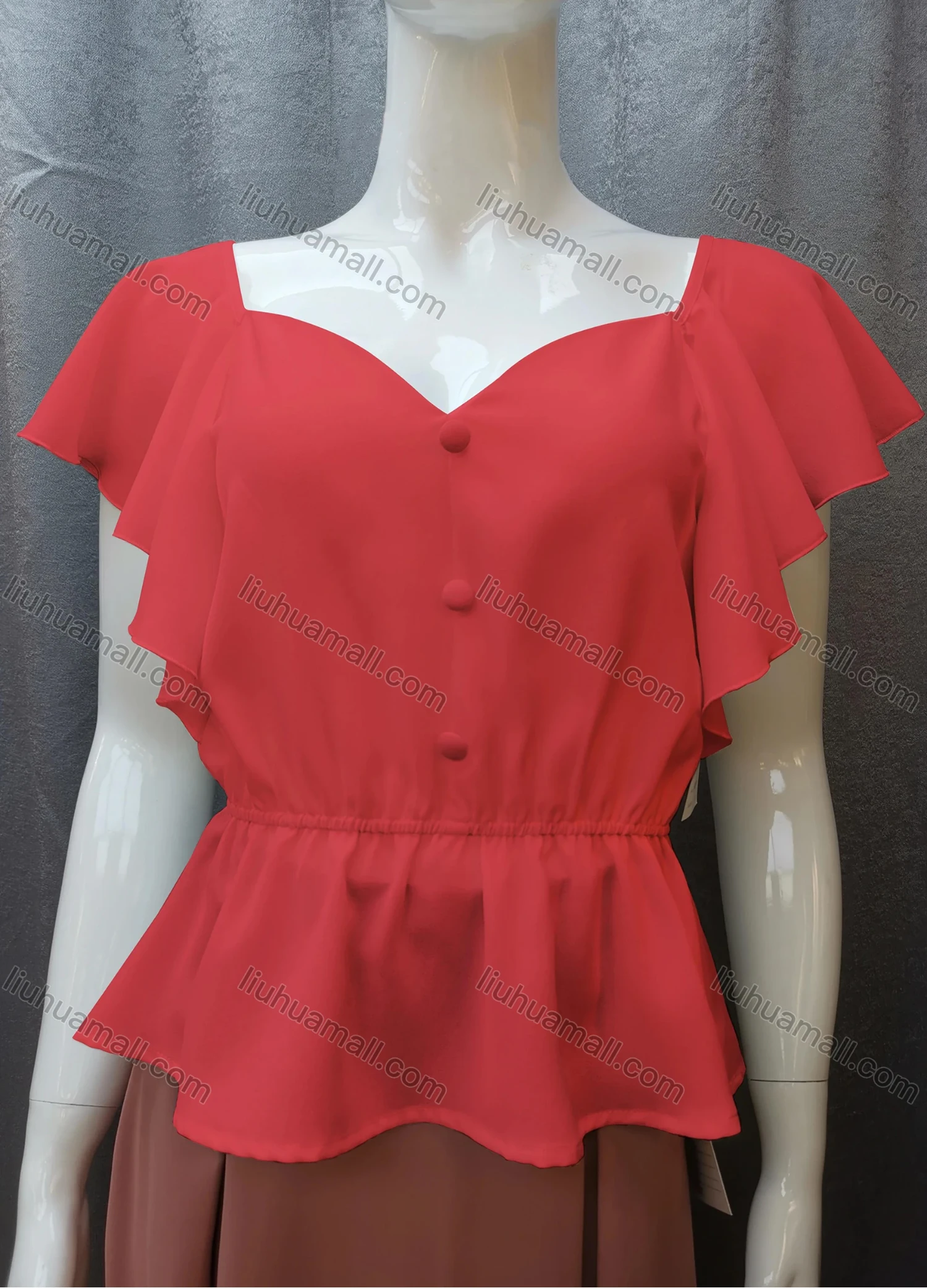 Wholesale Women's Casual Sweetheart Neck Butterfly Sleeve Button Peplum Tops FR2105# - Liuhuamall