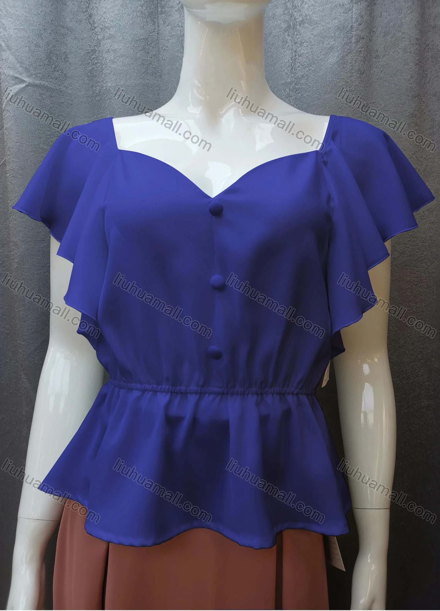 Wholesale Women's Casual Sweetheart Neck Butterfly Sleeve Button Peplum Tops FR2105# - Liuhuamall
