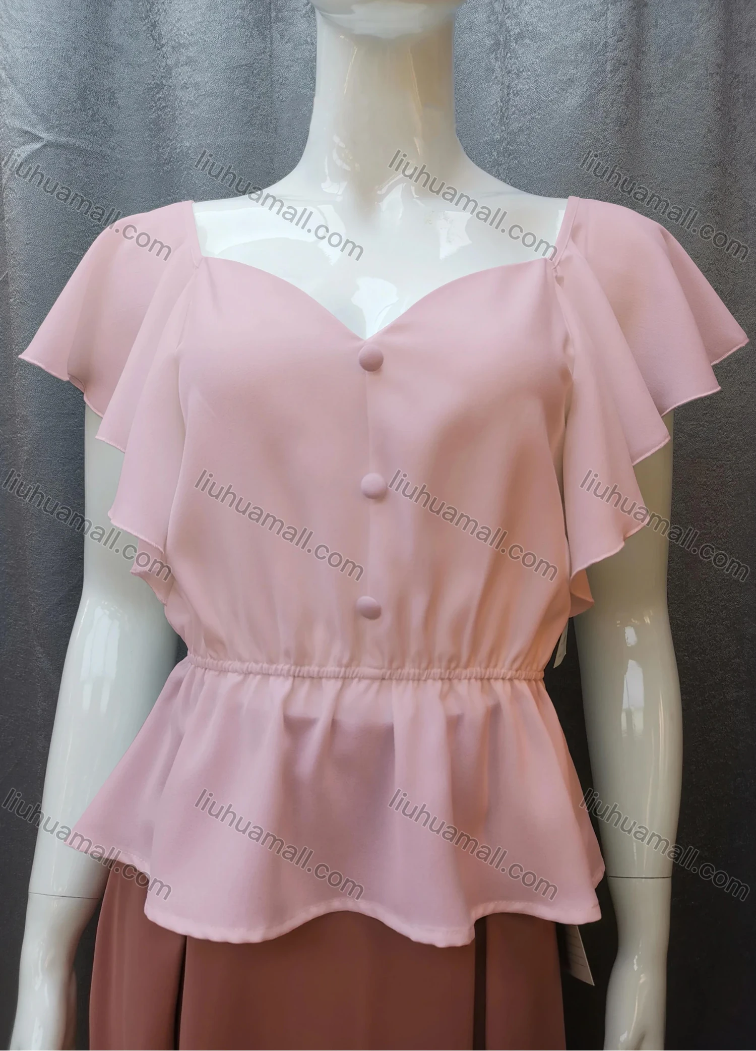 Wholesale Women's Casual Sweetheart Neck Butterfly Sleeve Button Peplum Tops FR2105# - Liuhuamall
