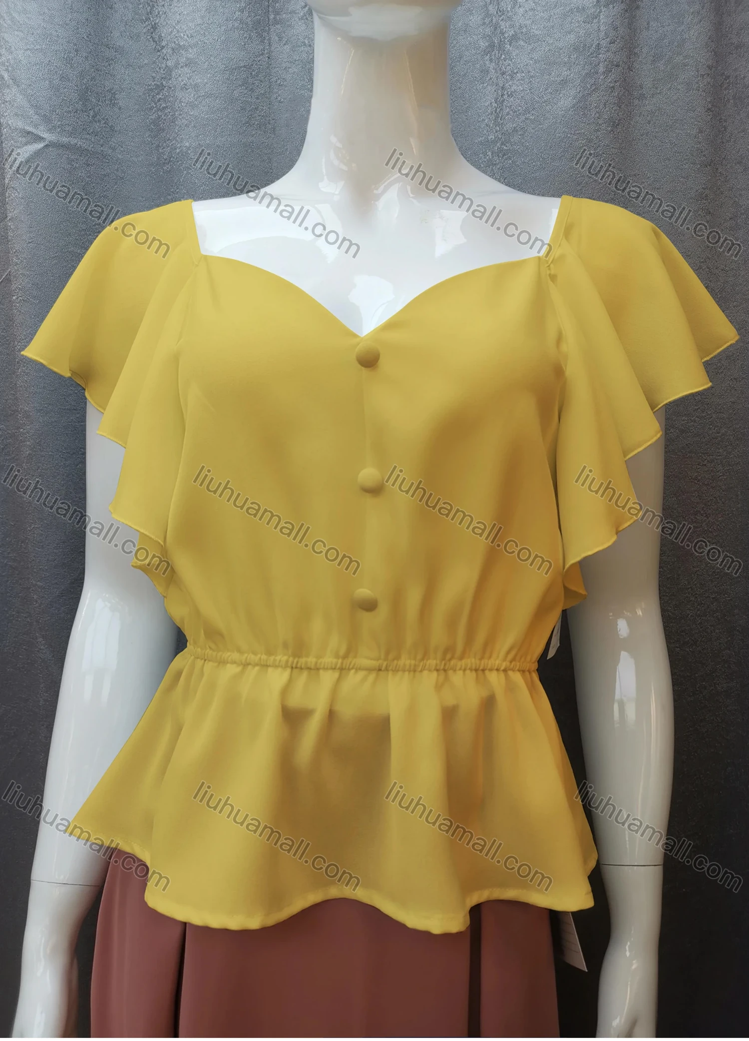 Wholesale Women's Casual Sweetheart Neck Butterfly Sleeve Button Peplum Tops FR2105# - Liuhuamall