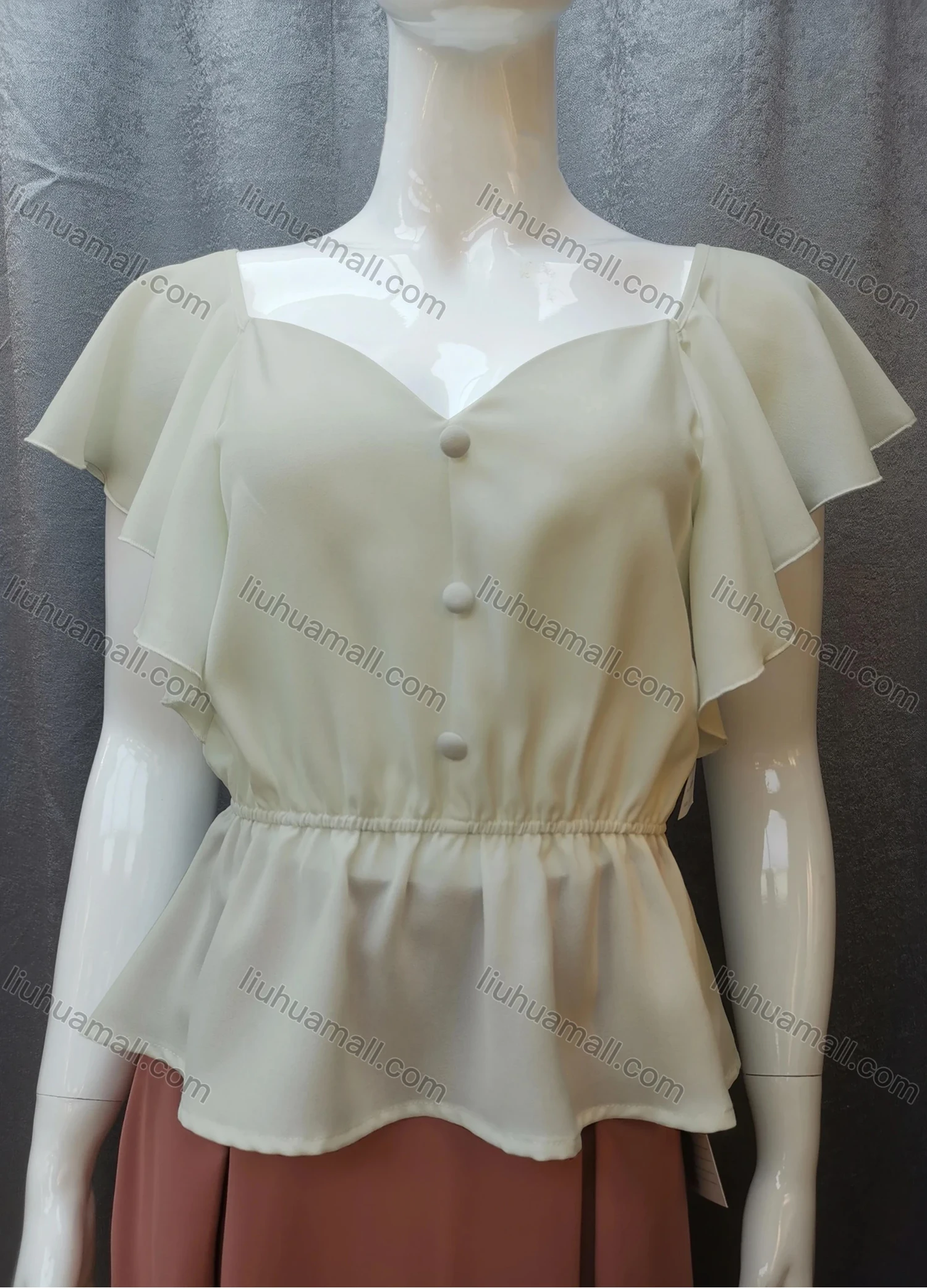 Wholesale Women's Casual Sweetheart Neck Butterfly Sleeve Button Peplum Tops FR2105# - Liuhuamall
