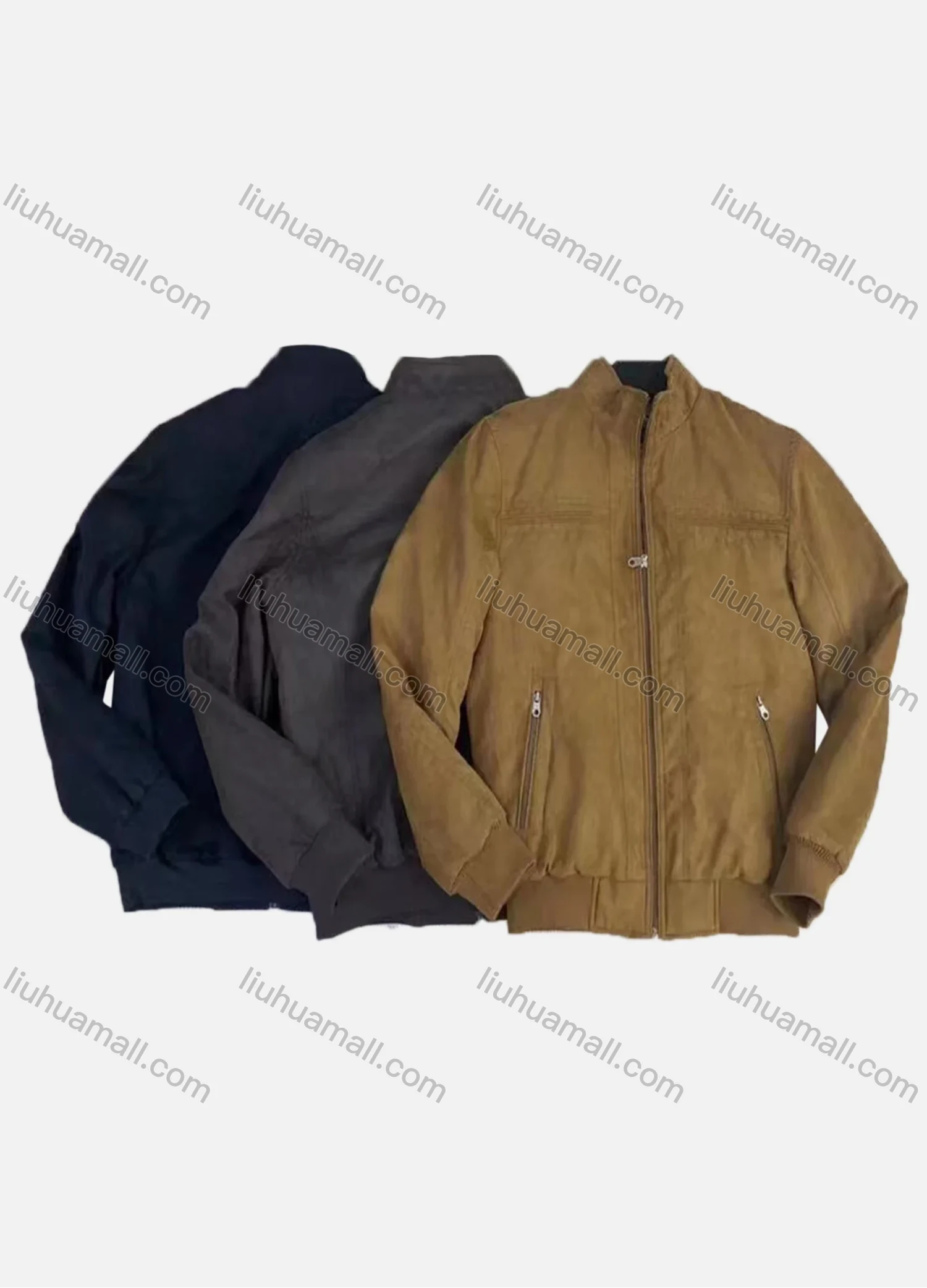 Wholesale Men's Suede Stand Collar Zip Pockets Plain Casual Bomber Jacket 5675# - Liuhuamall