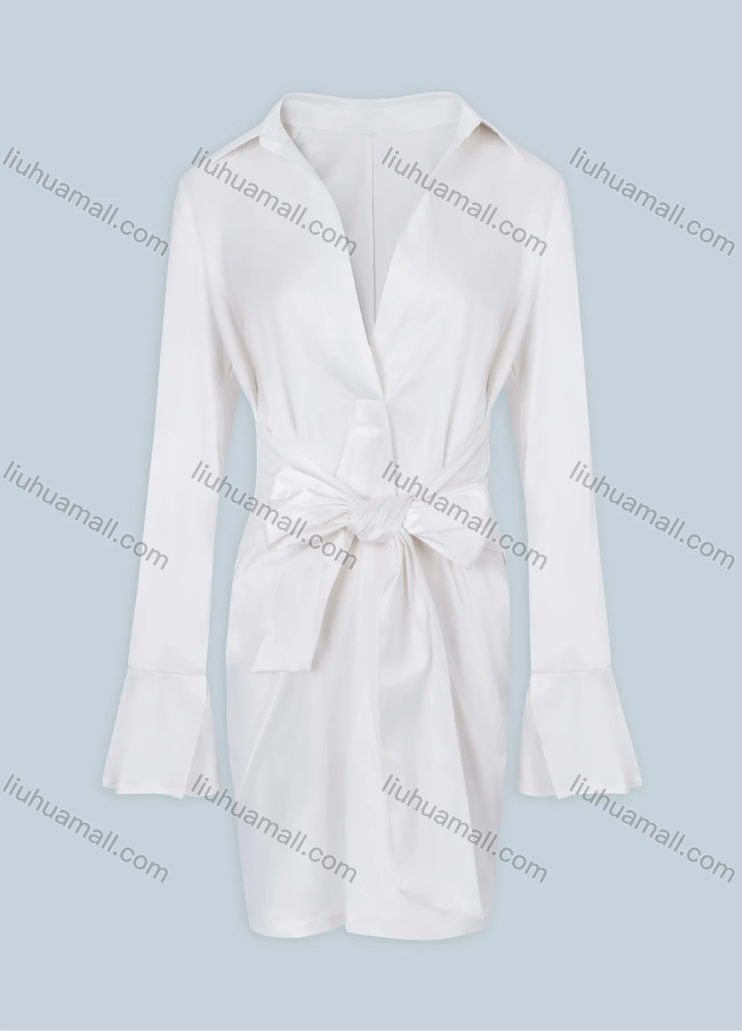 Wholesale Women's Sexy Plain Wrap Ruched V Neck Trumpet Long Sleeve Tie Front Satin Short Dress - Liuhuamall