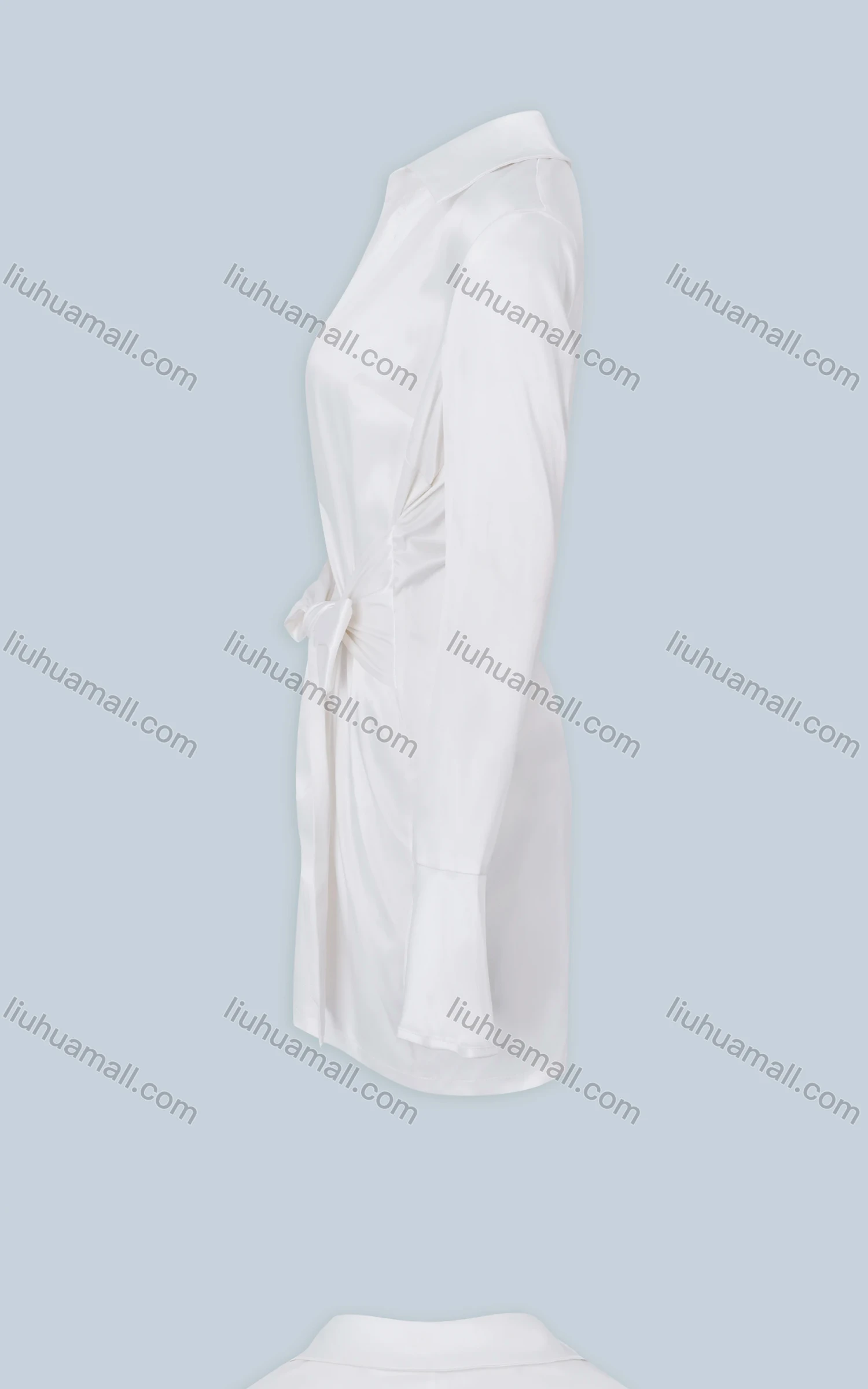 Wholesale Women's Sexy Plain Wrap Ruched V Neck Trumpet Long Sleeve Tie Front Satin Short Dress - Liuhuamall