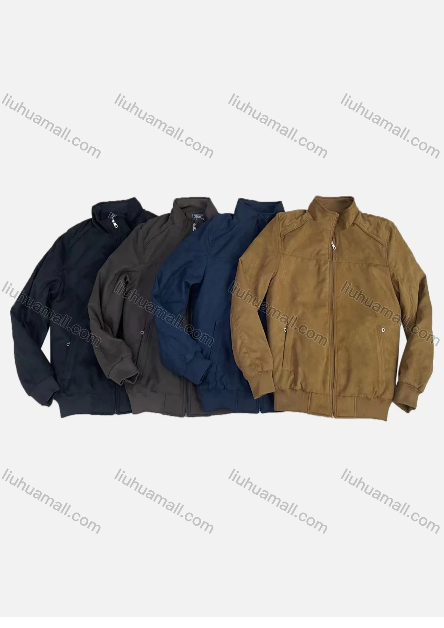 Wholesale Men's Suede Stand Collar Zip Pockets Plain Casual Bomber Jacket 5806# - Liuhuamall