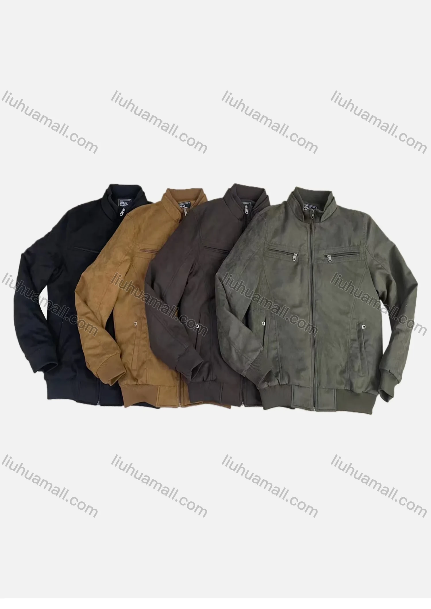 Wholesale Men's Suede Stand Collar Zip Pockets Plain Casual Bomber Jacket 5805# - Liuhuamall