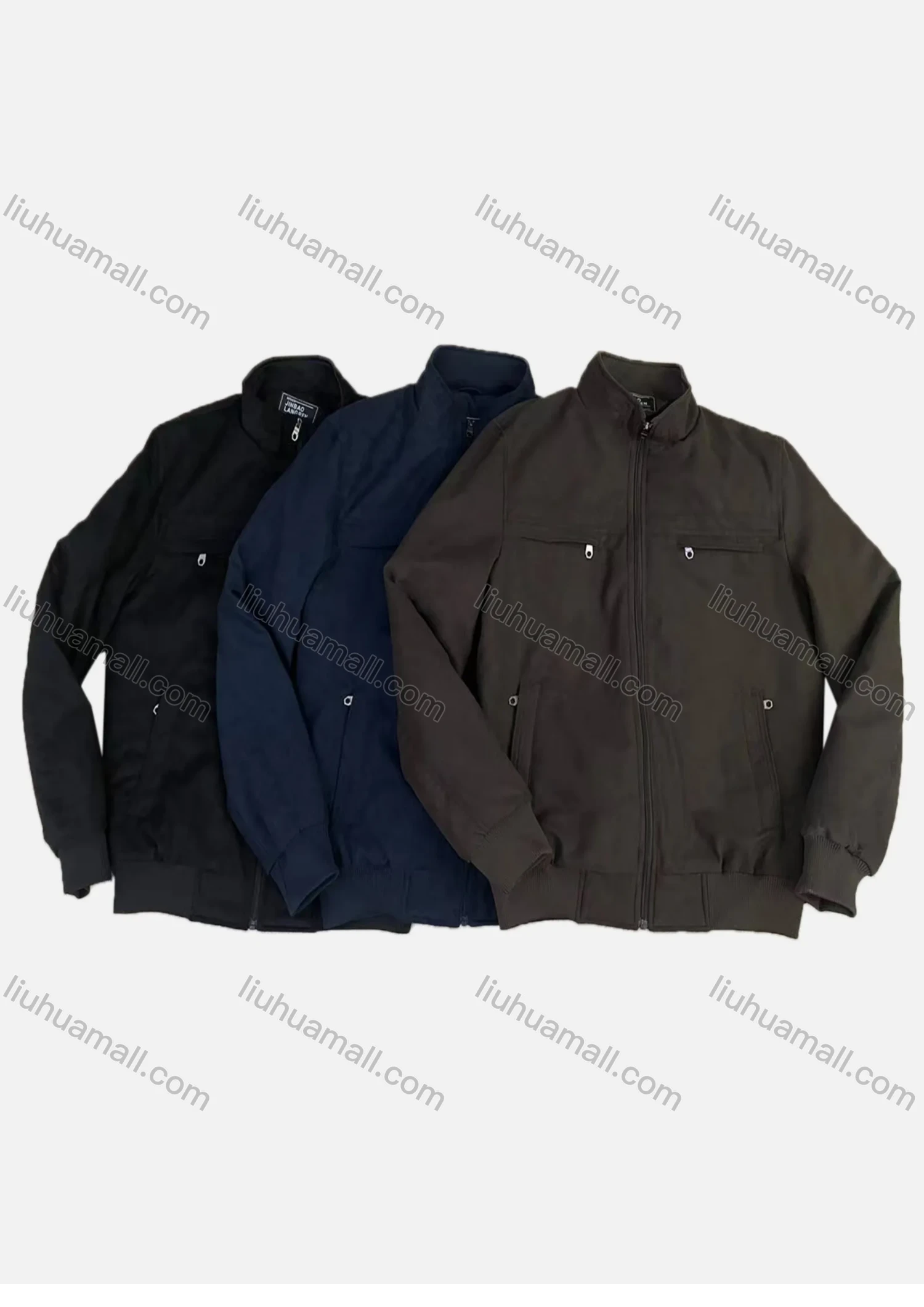 Wholesale Men's Suede Stand Collar Zip Pockets Plain Casual Bomber Jacket D56911# - Liuhuamall