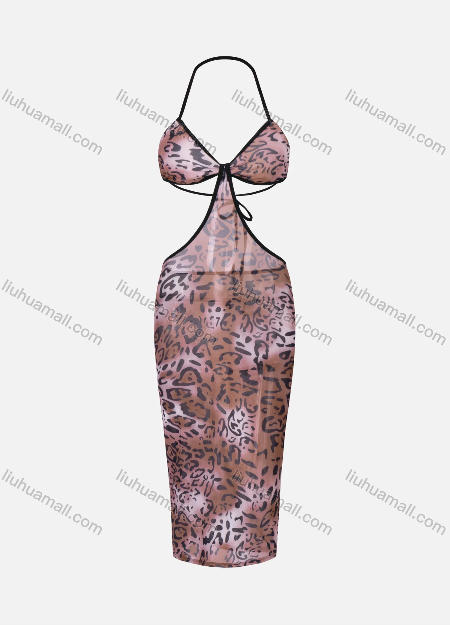 Wholesale Women's Sexy Halter Cutout Tie Back Open Back Leopard Print Bodycon Midi Dress - Liuhuamall