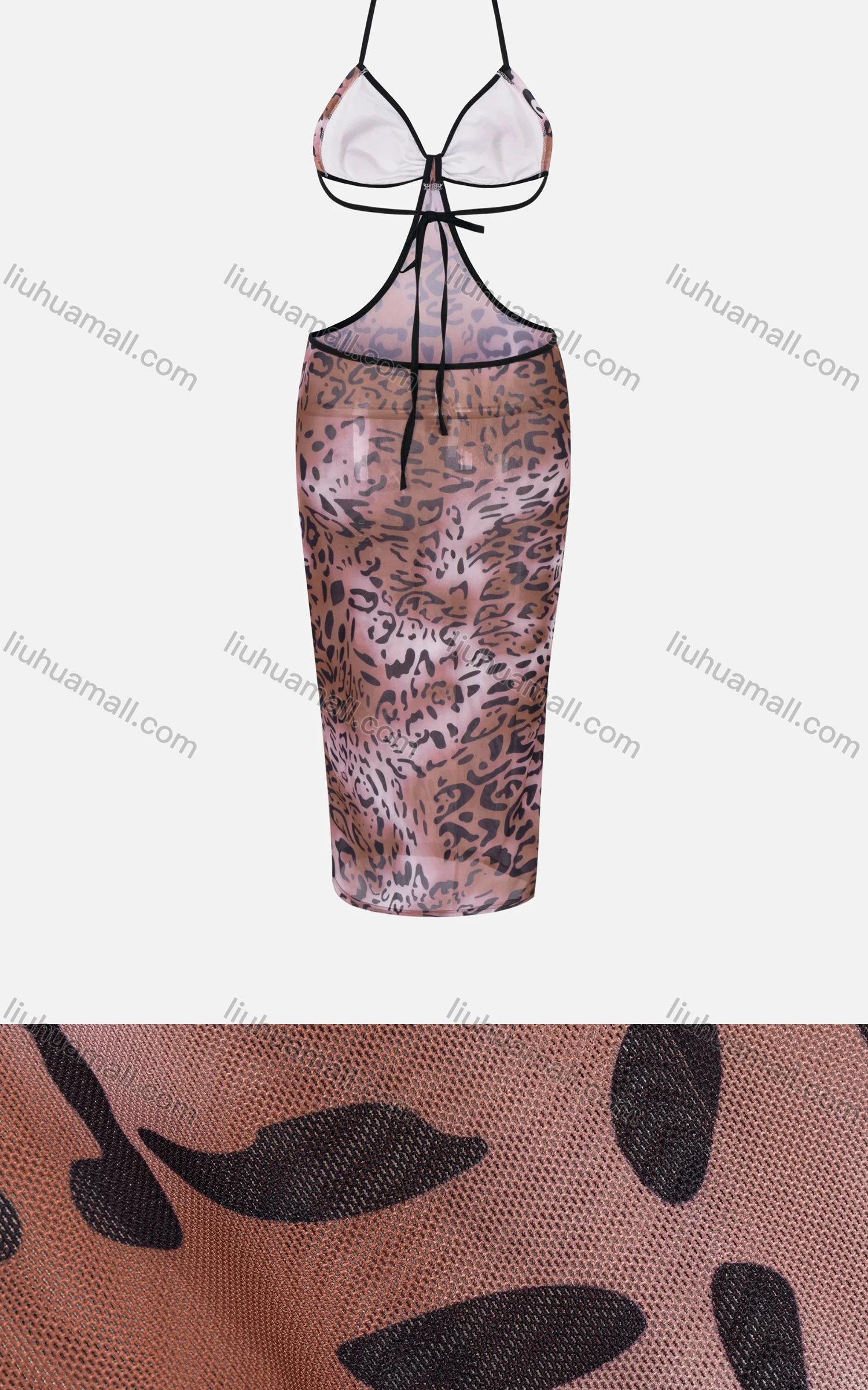 Wholesale Women's Sexy Halter Cutout Tie Back Open Back Leopard Print Bodycon Midi Dress - Liuhuamall