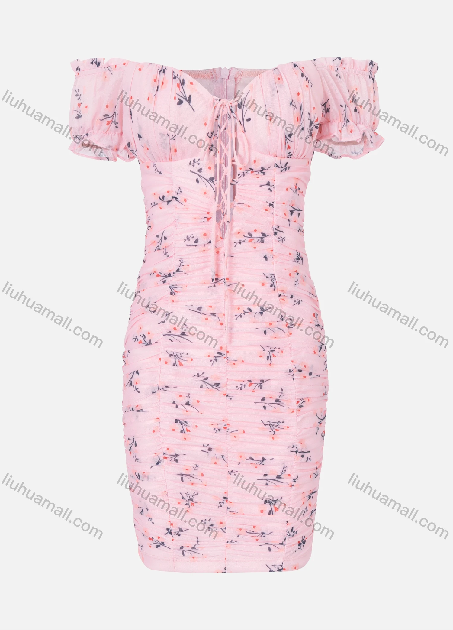 Wholesale Women's Sexy Off Shoulder Lace Up Floral Print Ruched Hem Bodycon Short Dress - Liuhuamall