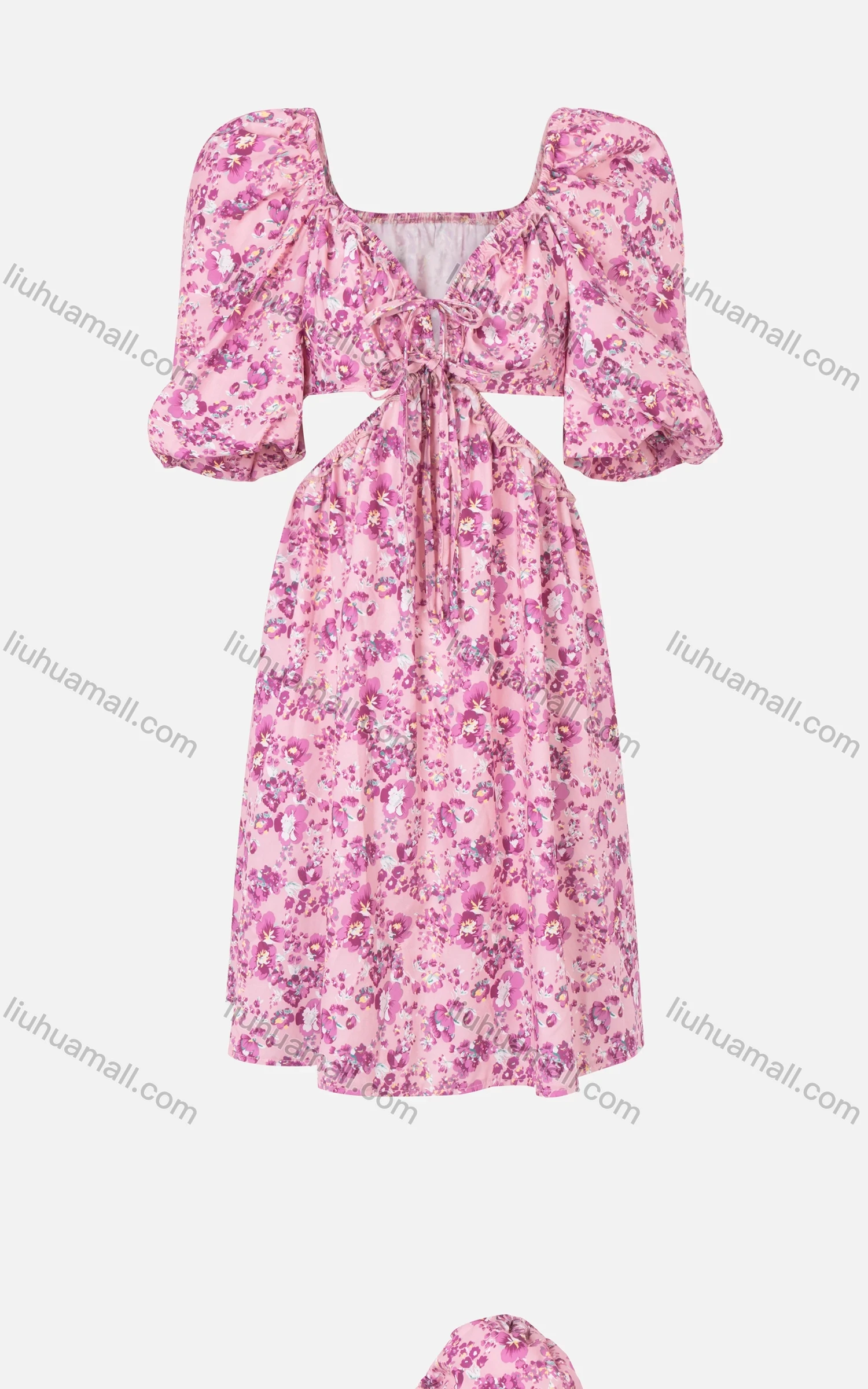 Wholesale Women's Sexy Puff Sleeve Sweatheart Neck Floral Print Ruched Cutout Tie Front Short Dress - Liuhuamall
