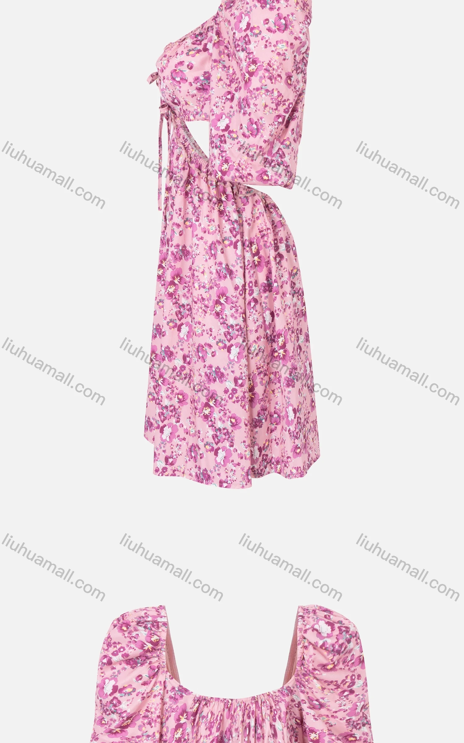Wholesale Women's Sexy Puff Sleeve Sweatheart Neck Floral Print Ruched Cutout Tie Front Short Dress - Liuhuamall