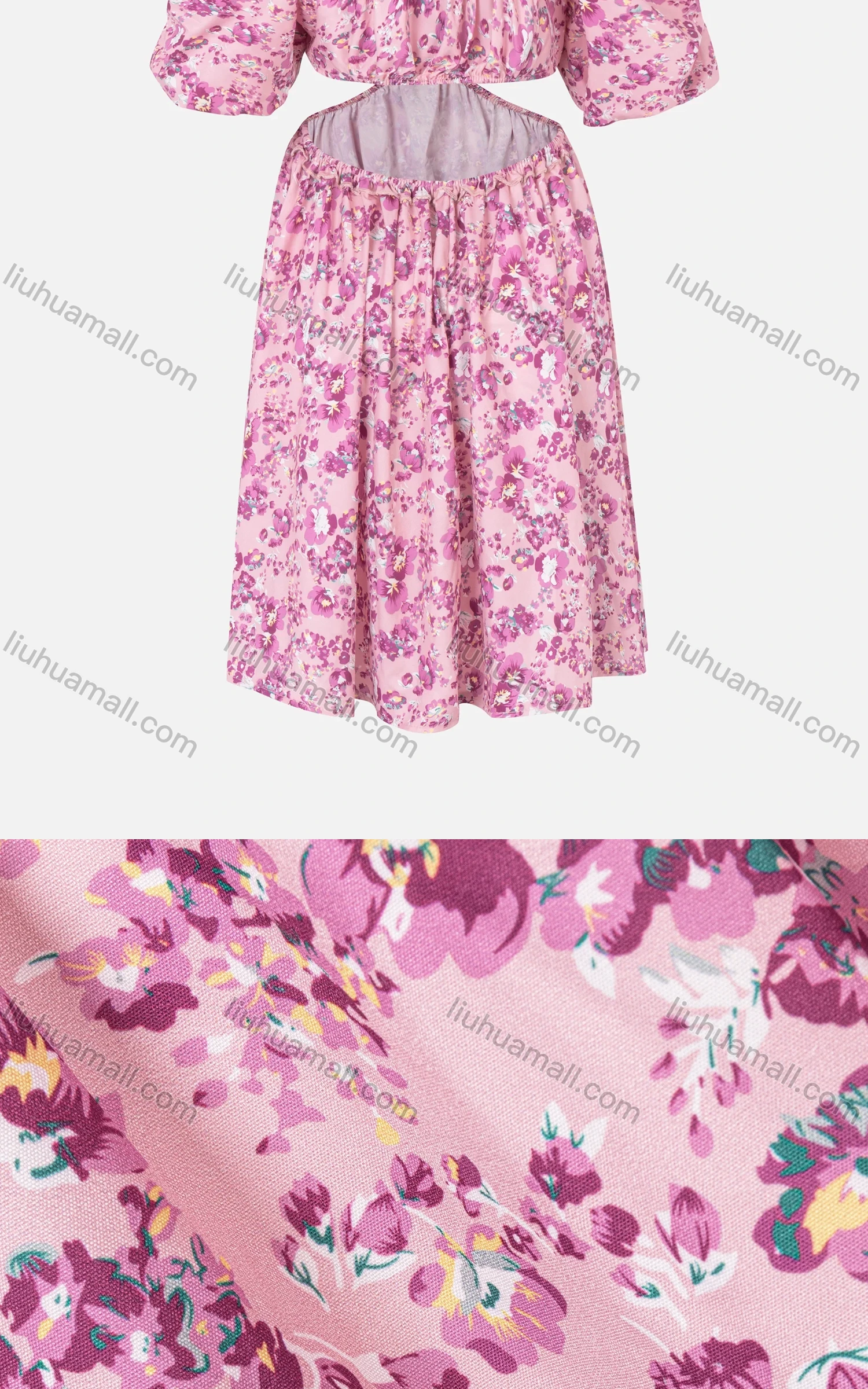 Wholesale Women's Sexy Puff Sleeve Sweatheart Neck Floral Print Ruched Cutout Tie Front Short Dress - Liuhuamall